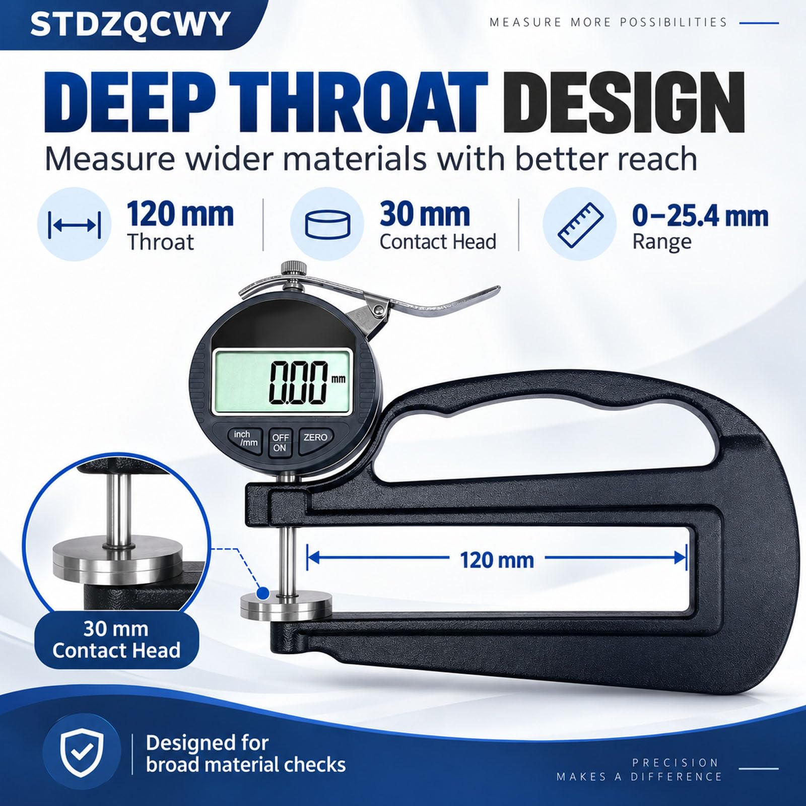 Medidor De Espesor Digital De Garganta Profunda, Rango De 0-25,4 Mm, Resolución De 0,01 Mm, Profundidad De Garganta De 120 Mm, Cabezal De Medición Grande De 30 Mm, Pantalla Lcd, Para Película,