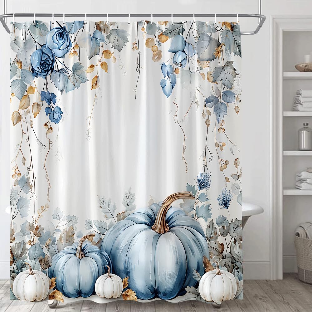 Fall Pumpkins Shower Curtain Boho Watercolor Blue and White Pumpkins Plant Vine Floral Leaves Rustic Autumn Thanksgiving Day Harvest Season Country Polyester Fabric Bathroom Curtain with Hooks
