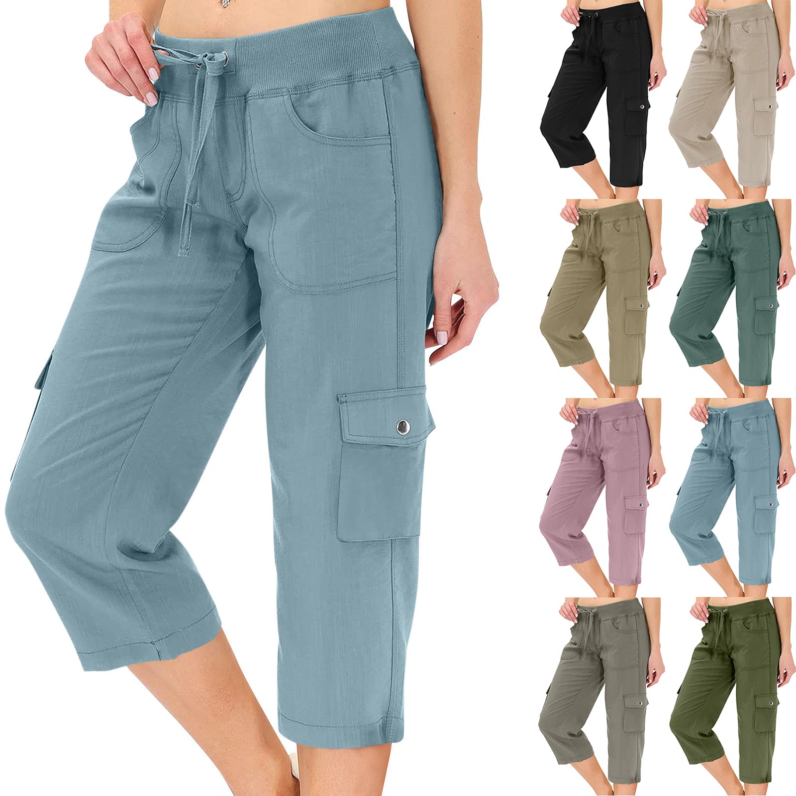Cargo Capris for Women Casual Drawstring Capris Pants with Pockets Summer Plus Size Capri Hiking Pants Cargo Pant