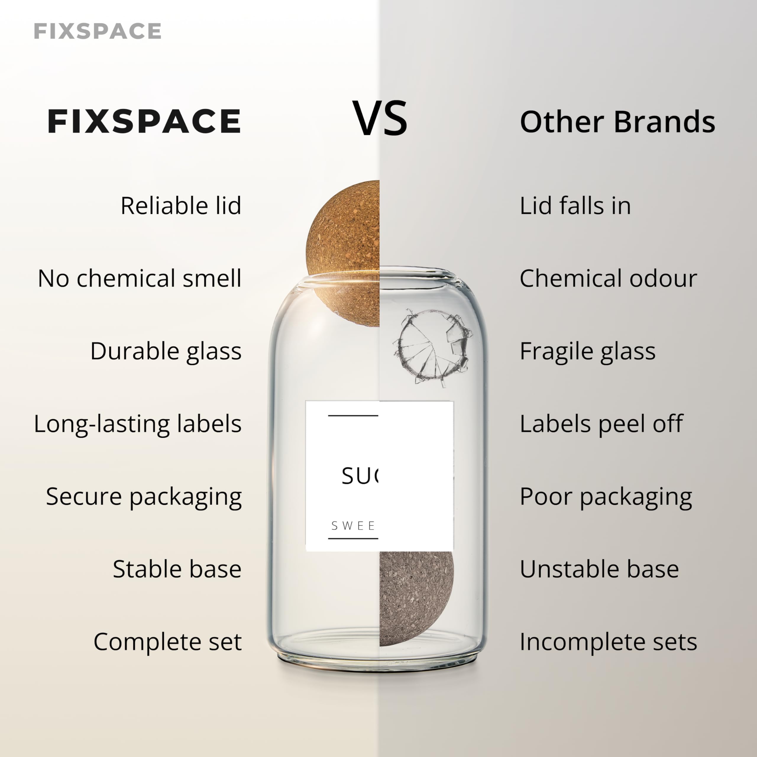 Fix Space Tee Kaffee Zucker Dosen - Set mit 3 einzigartigen Korkkugel-Glasdosen - Stilvolle Tee- und Kaffeedosen mit wasserdichten, abnehmbaren Etiketten - Ideal für die Organisation der Küche (750ML)
