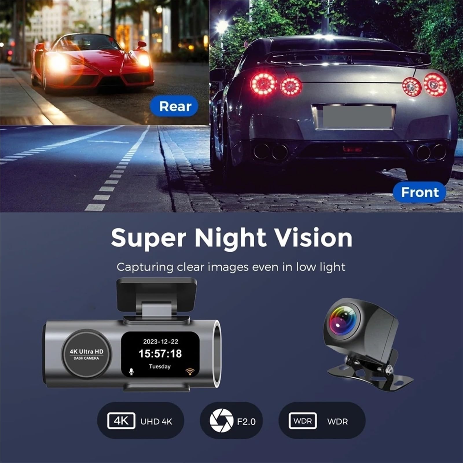 Kamera samochodowa, Kamera Na Deskę Rozdzielczą 4K GPS WIFI APP 24H Noktowizor Mini Tylny Obiektyw Dashcam Wideorejestrator Samochodowy Do Czarnej Skrzynki