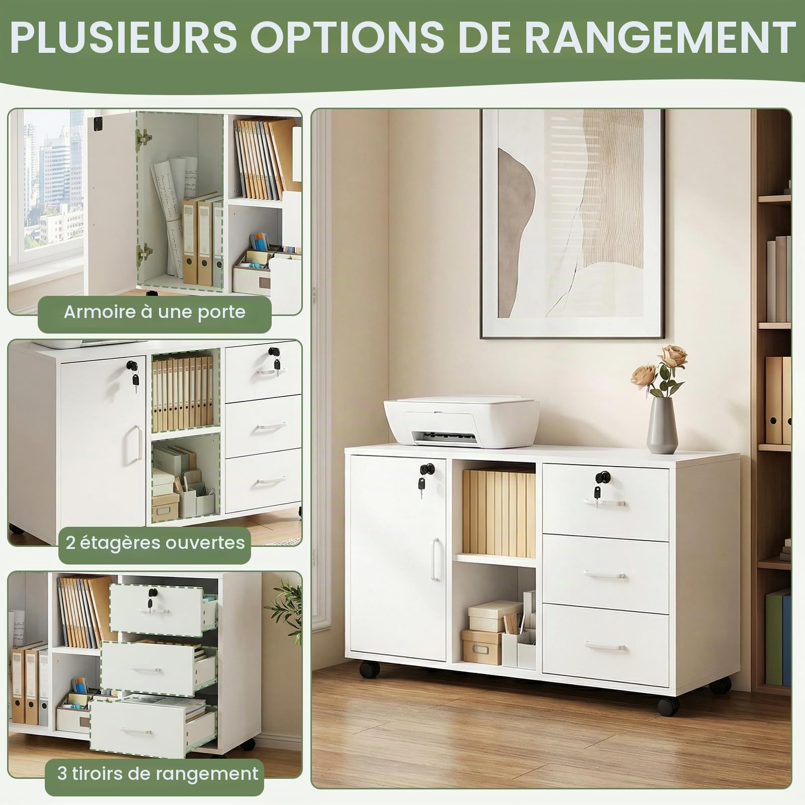 Buybyroom Caisson de Rangement, Meuble Bureau à 4 Roulettes, 3 Tiroirs, 2 Compartiments Ouverts à Étagères Réglables,Verrouillable Armoire sous Bureau pour Papier Administratif, Imprimante,Salon,Blanc