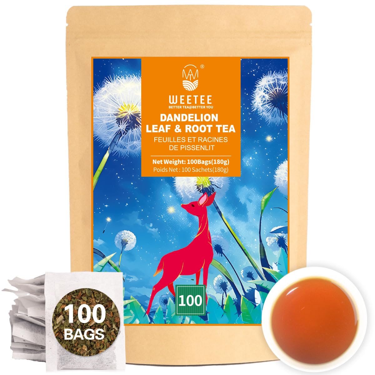 WT WEETEE Dandelion Leaf & Root Tea bags, 100% Pure Dandelion Leaf and Roasted Dandelion Root Blend, Natural Caffeine-free Herbal Tea