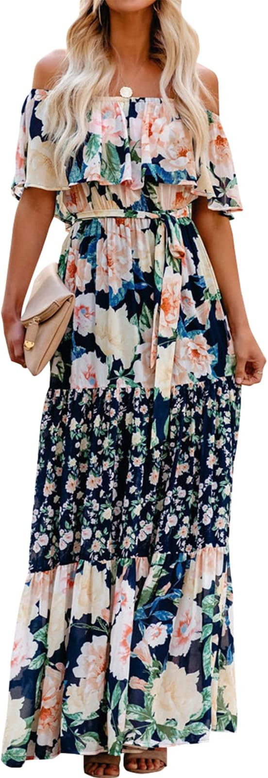 XplanetMexican Dress for Women Off Shoulder Floral Print Maxi Dress Summer Party Casual Sundress Dresses