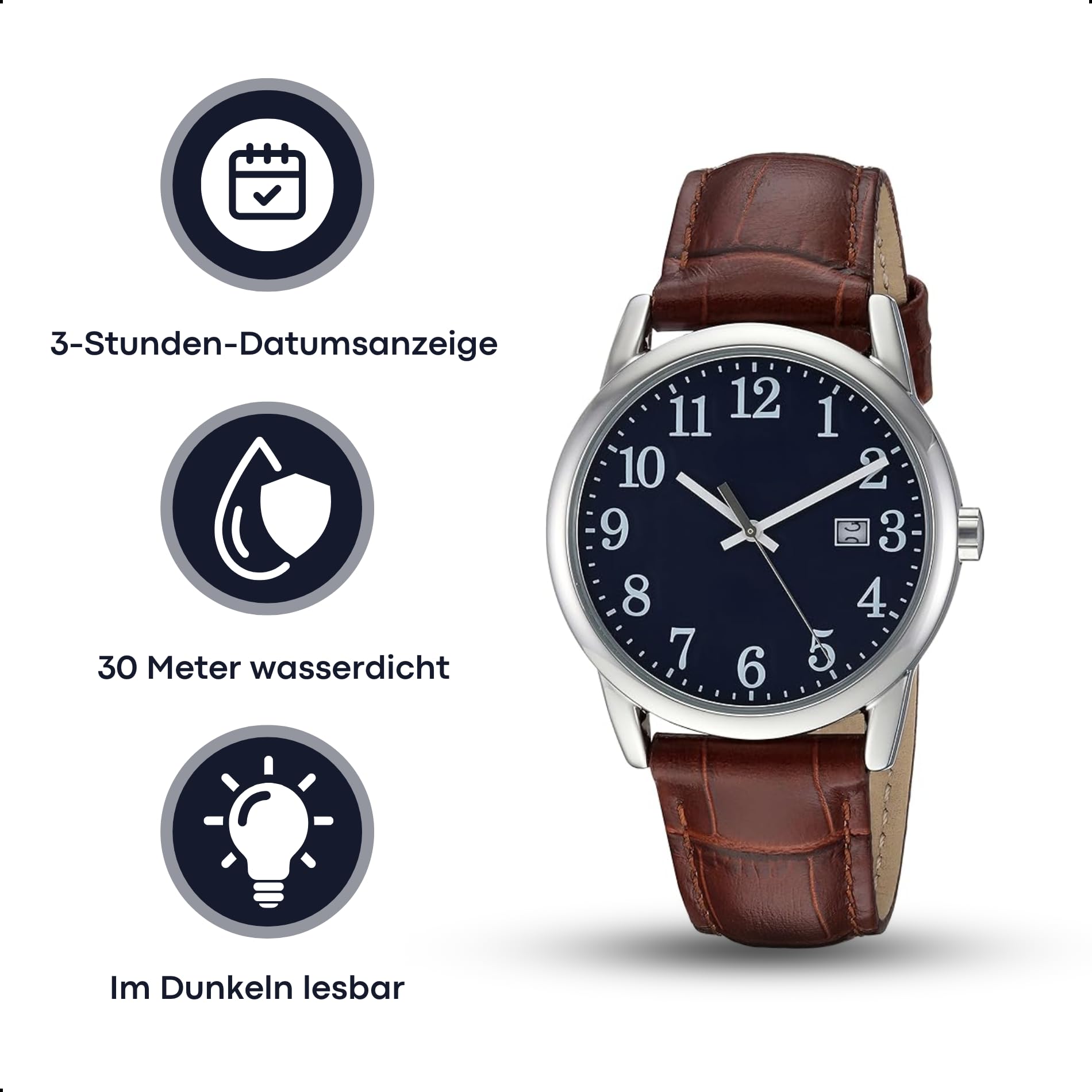 Tyme Cambridge Herren Uhr Analog Quarz mit Datum 30m Wasserdicht Klassische Armbanduhr für Männer mit Lederarmband Casual Design in Geschenkbox