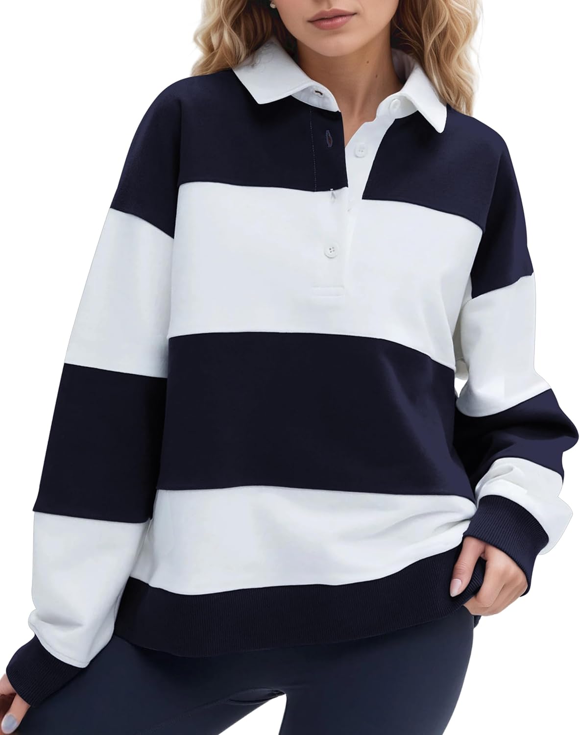 Rugby Shirt Women Long Sleeve Striped Oversized Henley Sweatshirt