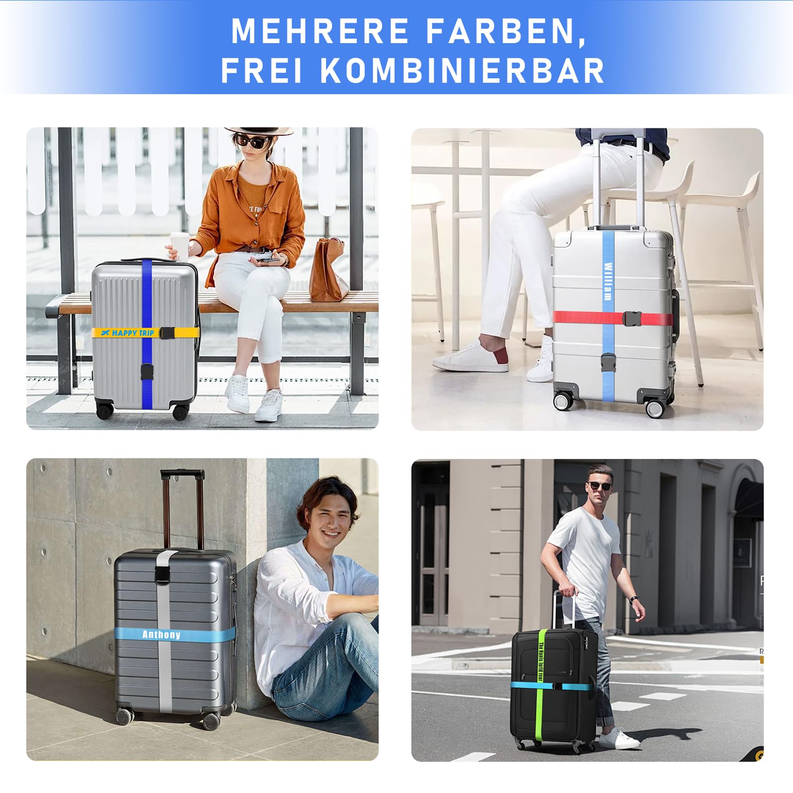 Personalisierte Koffergurt mit Namen, 8 Stück - Stickerei kofferband Gurt Auffällig & Sicher, Bunt Gepäck Identifikation für Große & Kleine Reisekoffer, TAS Koffer Bänder Gepäckband ideal über Kreuz