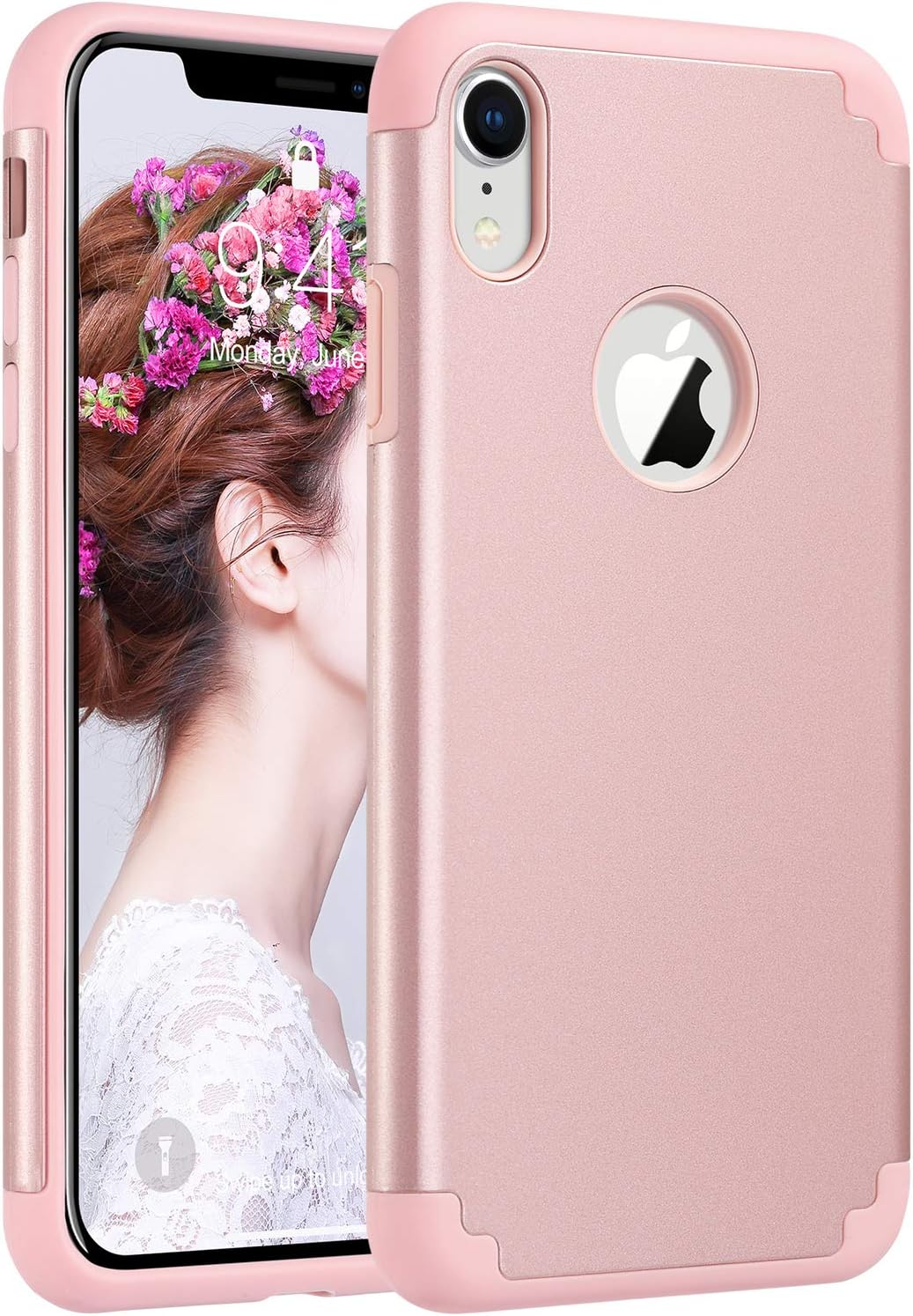 ULAK iPhone XR Case, Slim Fit Soft Silicone & Hard Back Cover Bumper Shockproof Protective Phone Case for Apple XR 6.1 inch, Rose Gold