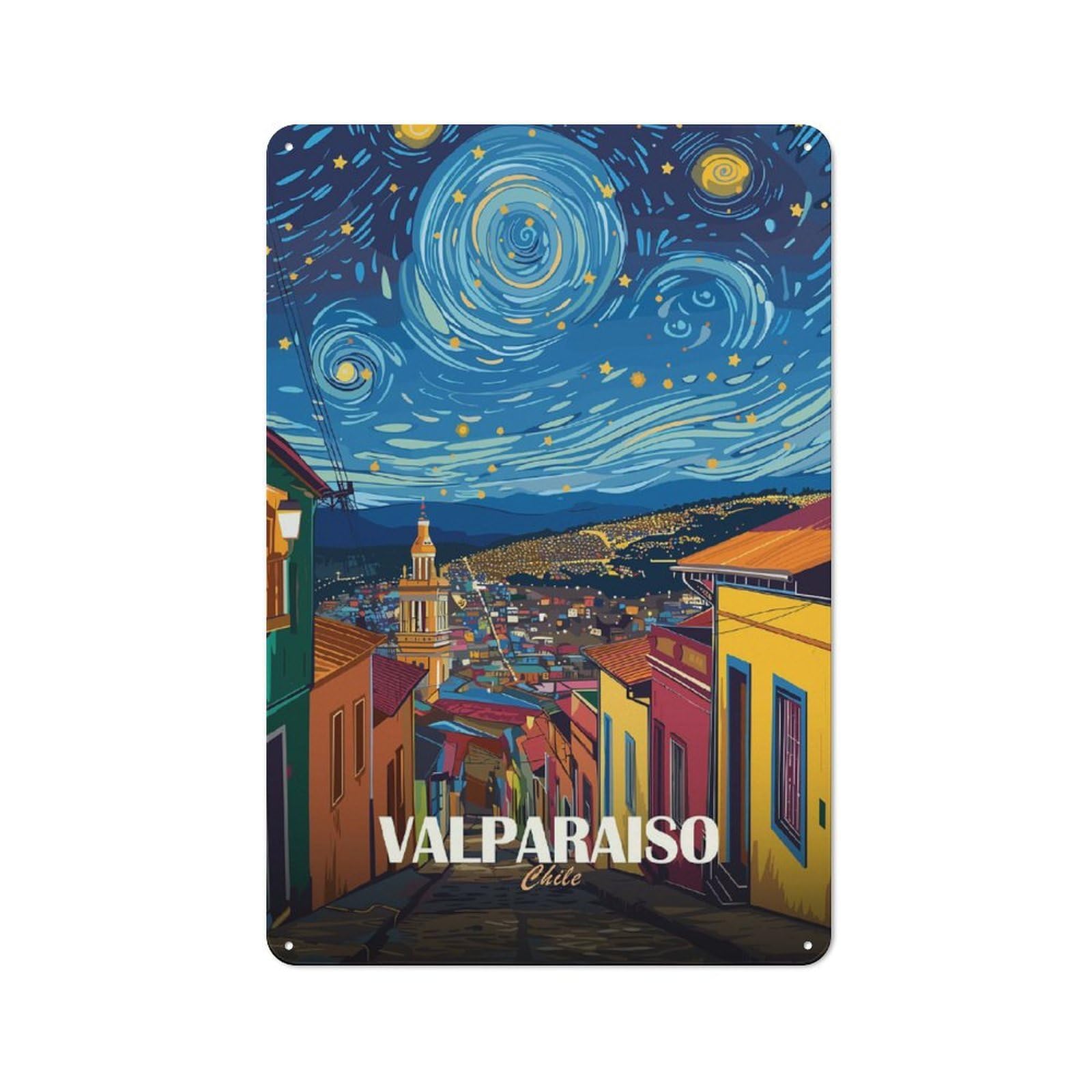 Junmoney Style-8 Valparaiso Chile Starry Night Art Retro Metal Wall Decor 30X20cm, Retro Metal Sign For Garage, Hobby Room, Office Or Man Cave