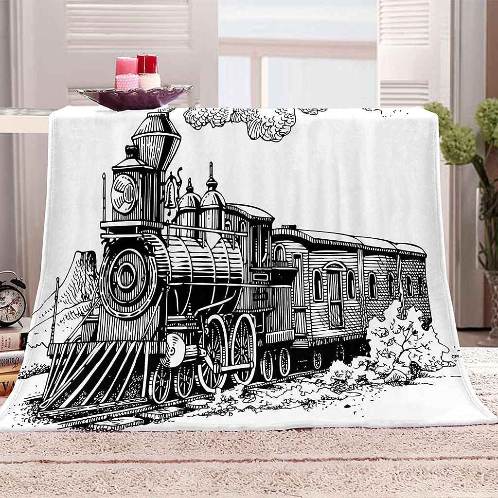 Couverture polaire microfibre grise 150x200 plaid lit enfant train 3D