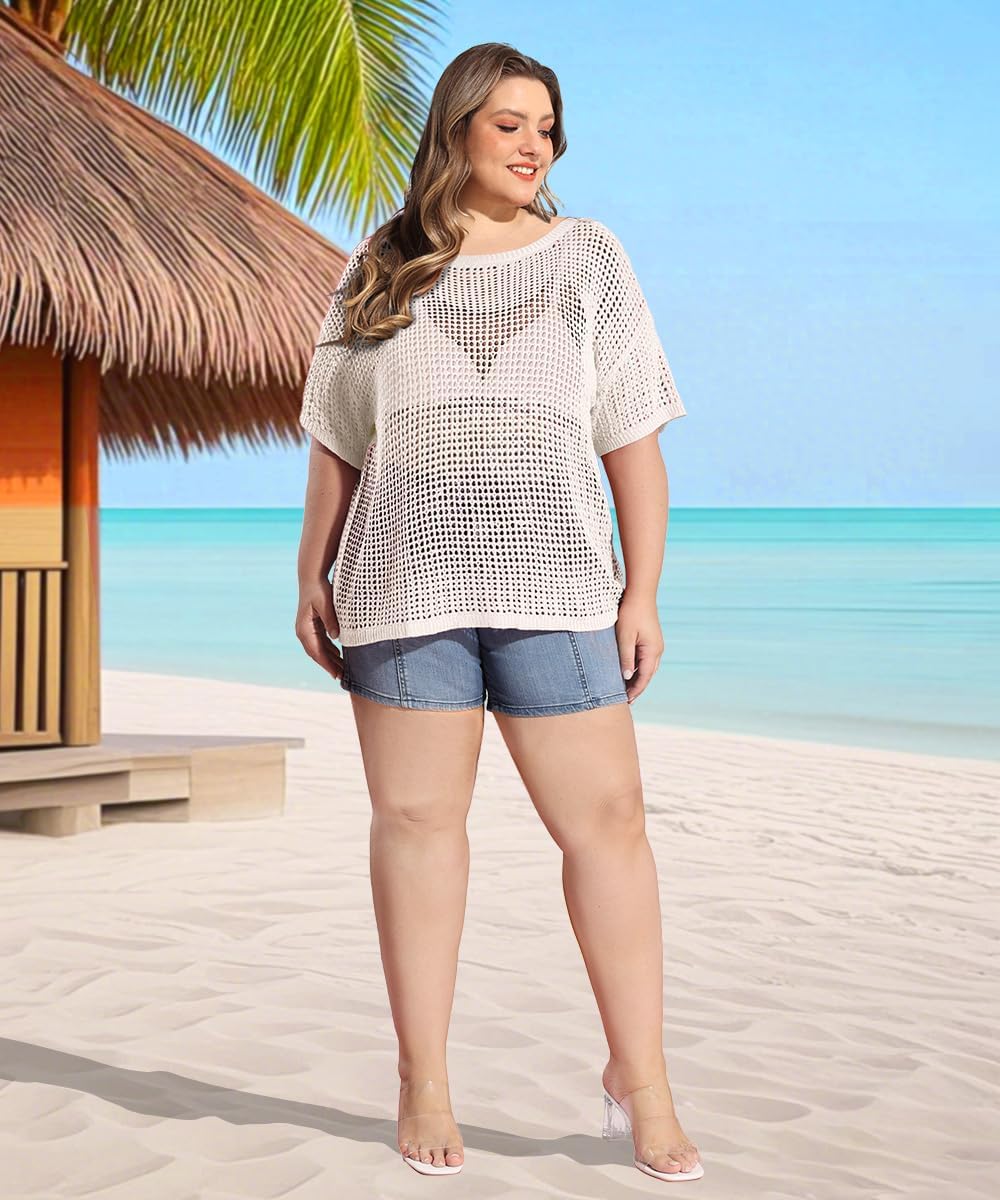RITERA Plus Size Women Crochet Cover Up Summer Scoop Neck Swimwear Hollow Out Sweater Tops Vacation Beach Shirts XL-5XL - Image 3