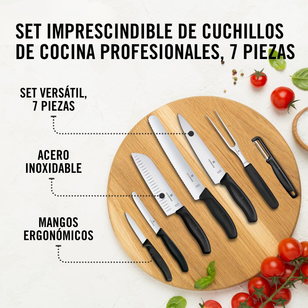 Victorinox Swiss Classic Juego de Cuchillos de Cocina de 7 Piezas, Negro | Set profesional con cuchillo Santoku, de pan, de chef, pelador, tenedor para carne y mangos ergonómicos, Swiss Made