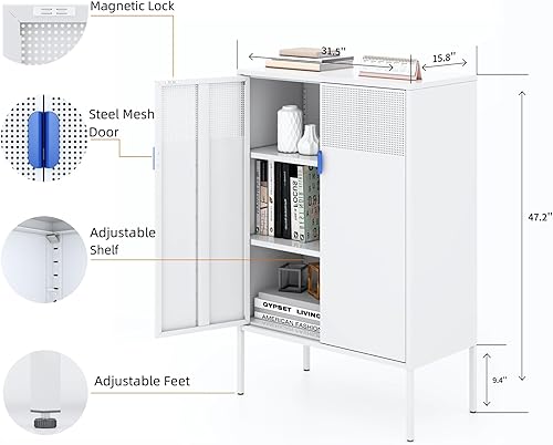 Miniatura 2 de Armario de almacenamiento de armario de metal de 40 pulgadas con estantes y patas ajustables para cocina, oficina, sala de estar, garaje (blanco)