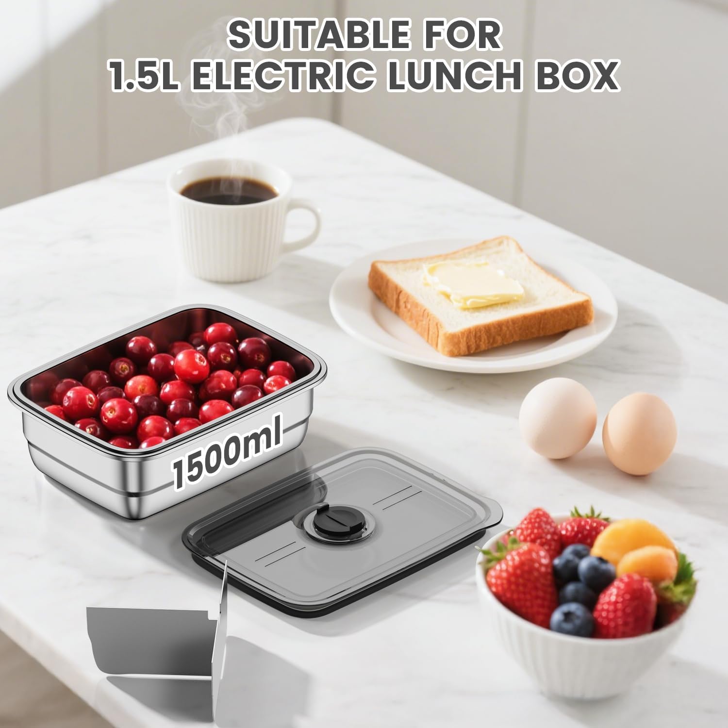 1.5L 304 Stainless Steel Electric Lunch Box Inner Container – Food Containers for Lunch with Leakproof, Removable Divider & Dishwasher-Safe(Only applicable to Electric Lunch Box) - Image 2