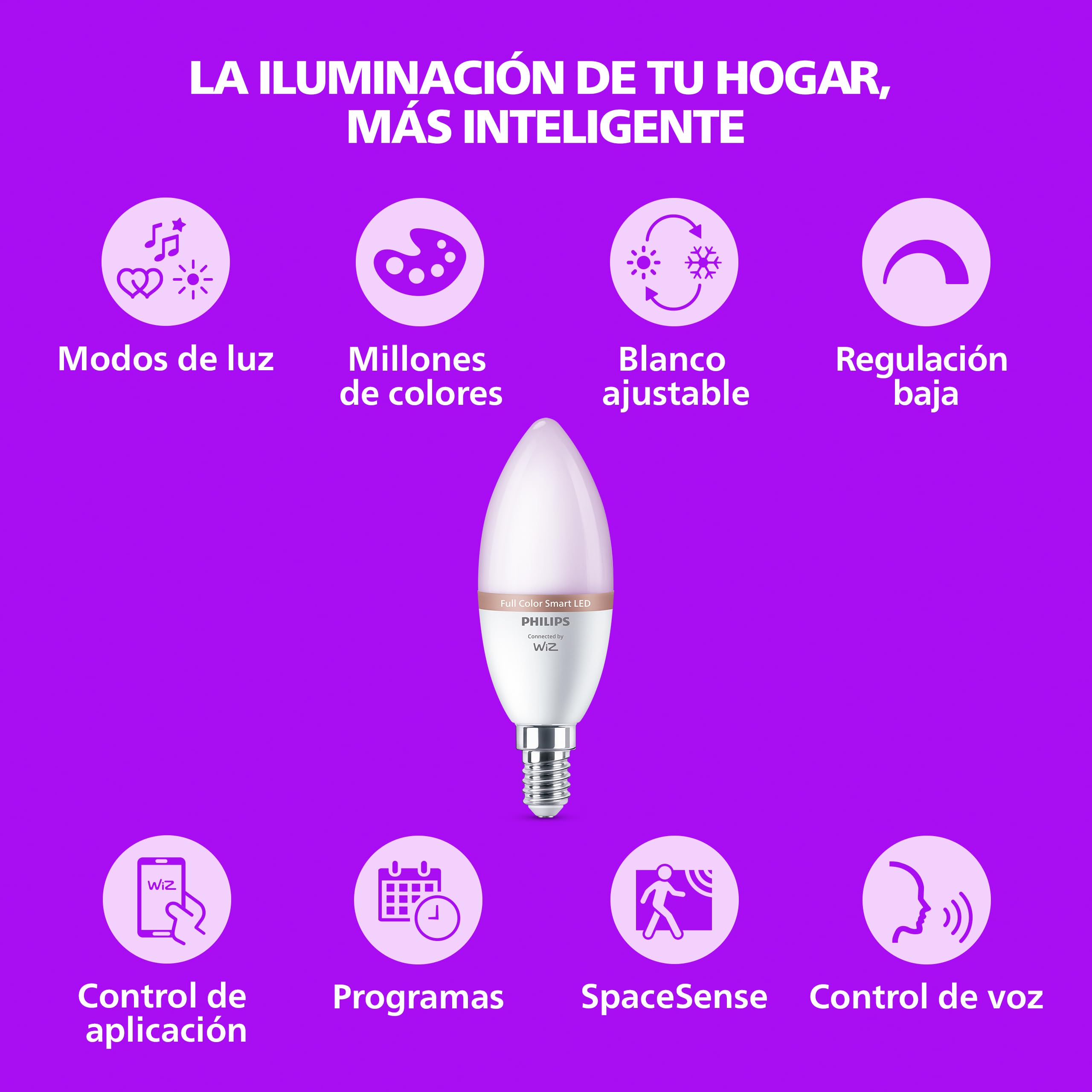 Philips Smart Lighting, Bombilla Inteligente LED RGB C37, E14, 4 ud, 470 lm, Color y Blanco Ajustable 2200 K-6500 K, Regulable Baja, Connected by WiZ, Alexa, Google Home, Apple Home