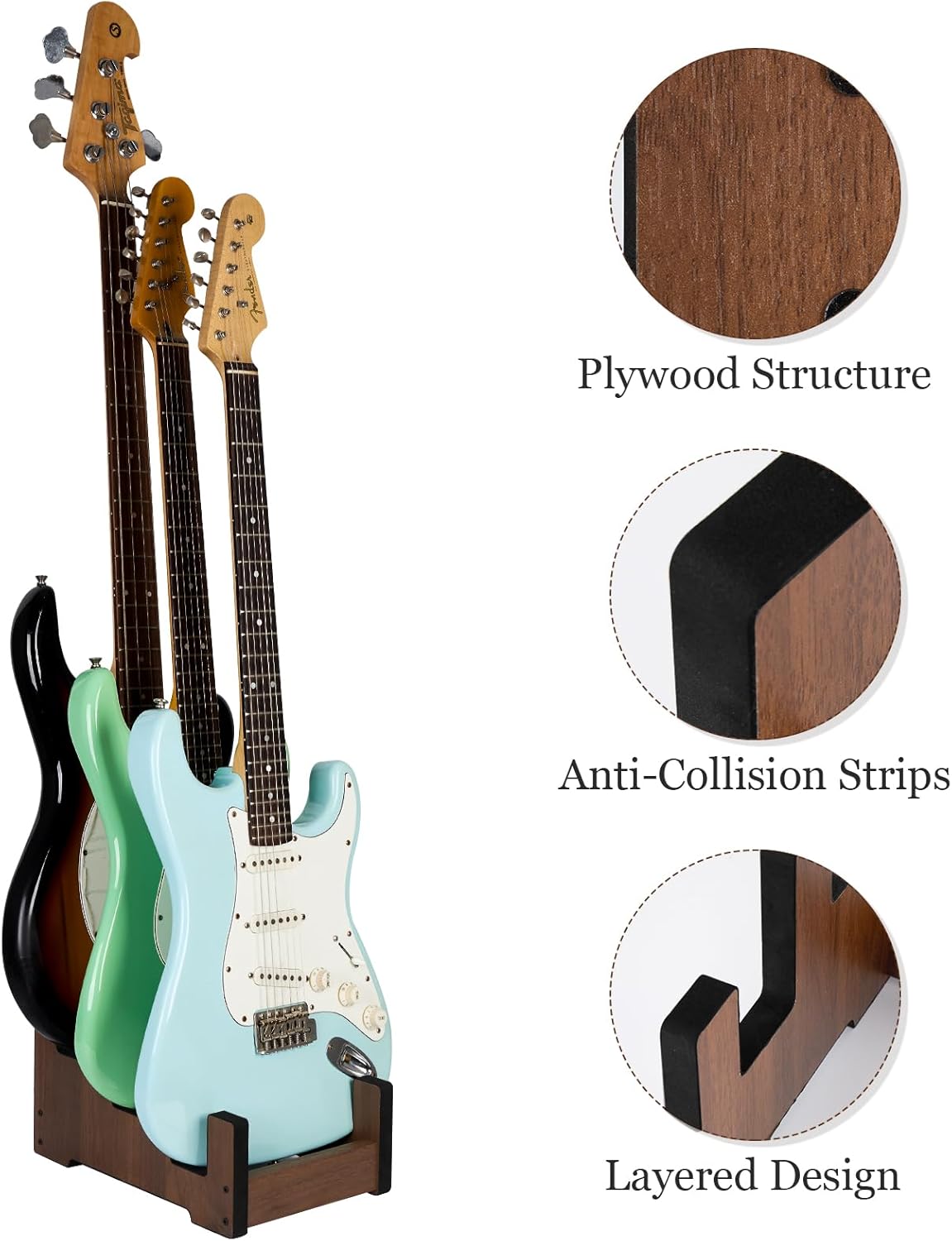 Wood Multi Guitar Stand,3 Holder Stand,Space-Saving Guitar Floor Stand for Home,Music Studio,Stage - Walnut Color (Walnut)