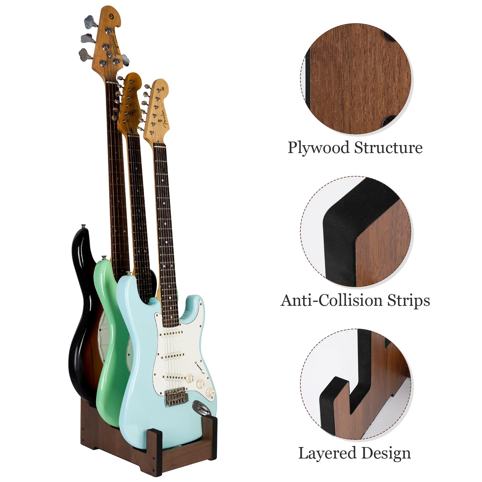 Gitarrenständer aus Holz, 3 Halterungen, platzsparender Gitarrenbodenständer für Zuhause, Musikstudio, Bühne, Walnussholzfarben