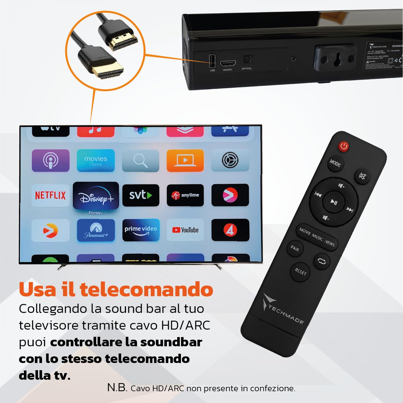 TECHMADE Soundbar TV 2.0 Bluetooth 120W HDMI ARC USB AUX Ottico Audio Potente Bassi Profondi Compatta