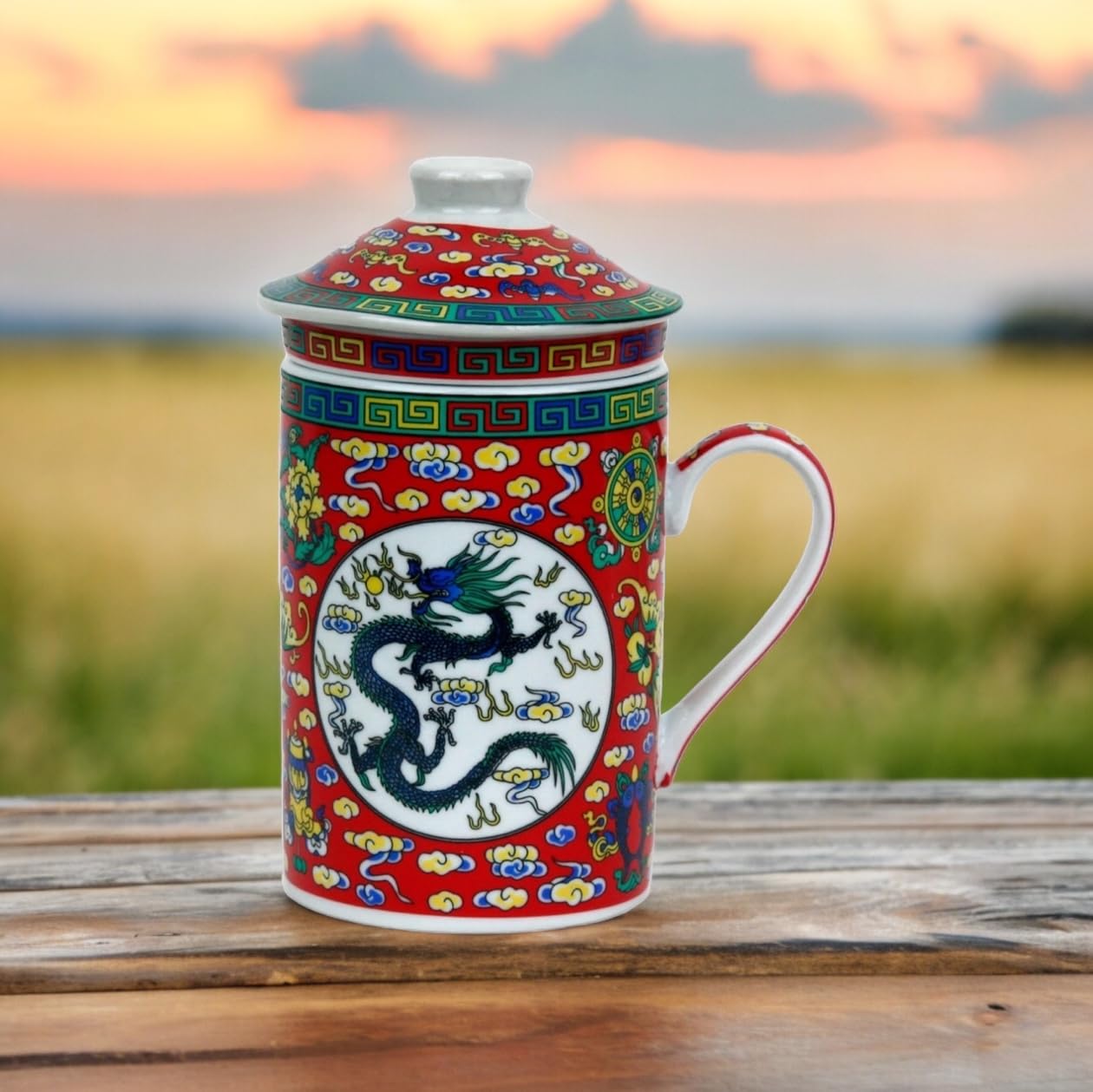 Keramik Teetasse mit Deckel + Sieb für Losen Tee mit Asiatischem Motiv Japanische Chinesische Tasse Für Teeliebhaber, Porzellan Kaffee Geschenk Set Asien Asia Becher Haferl (Roter Dracher)