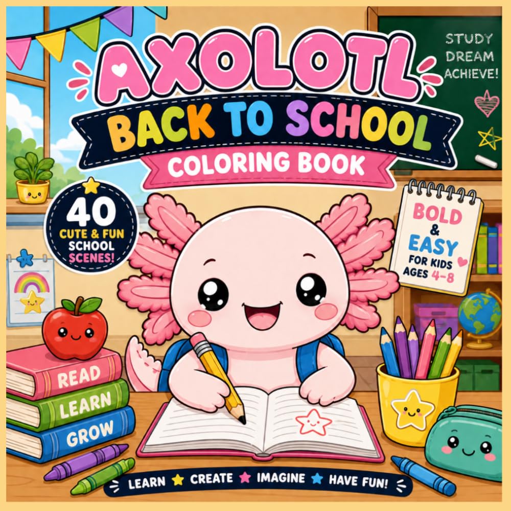 Axolotl Back to School Coloring Book for Kids Ages 4-8: 40 Adorable School-Themed Coloring Pages | Bold & Easy Designs for Preschool, Kindergarten & Elementary Kids (Kawaii Axolotl Coloring Book)