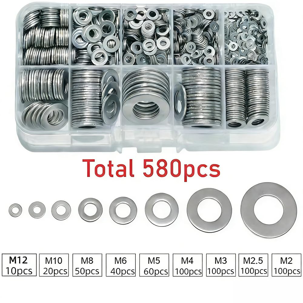580 Pcs Stainless Steel Flat Washers, Spring Lock Washer Assortment Kit 9 Sizes (M2-M10) for Screws Bolts Large and Small Hardware for Various Home Industrial Automotive,Silver