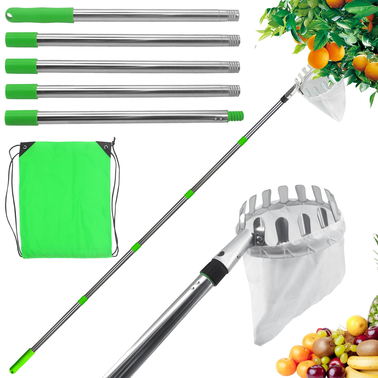 Recogedor de frutas con mango telescópico y bolsa de tela, diámetro de 16 cm, recogedor de cerezas para la cosecha de manzanas, cítricos, peras, melocotón, etc. (3,2 m)
