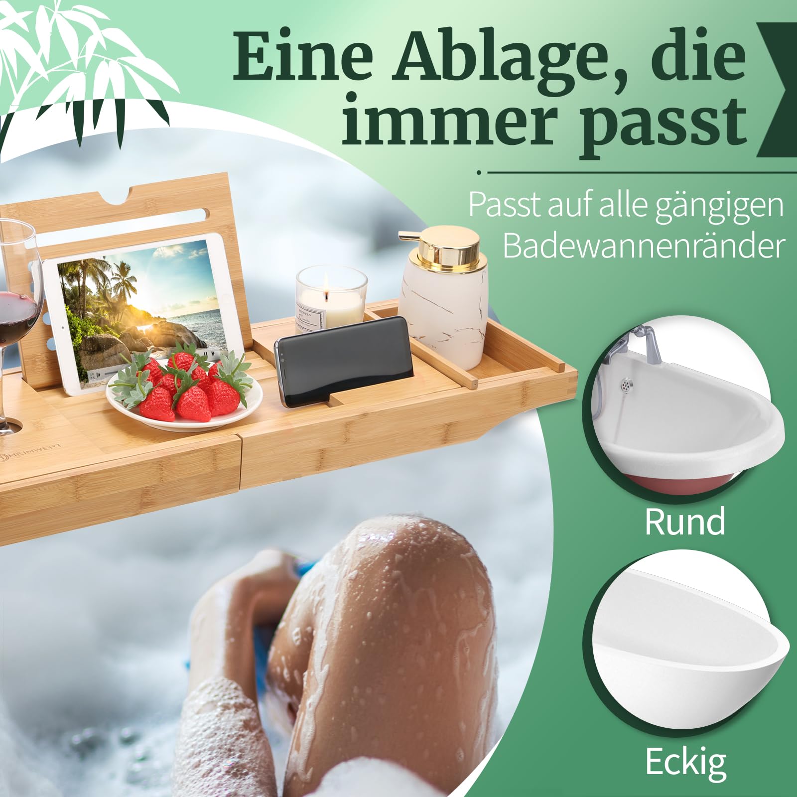 HEIMWERT Badewannenablage Badewannentablett Ablage Badewanne - Extragroß mit ausklappbarem Ständer - Badewannen Tablett Tisch und Frühstückstablett Zubehör aus Bambus (Natur)