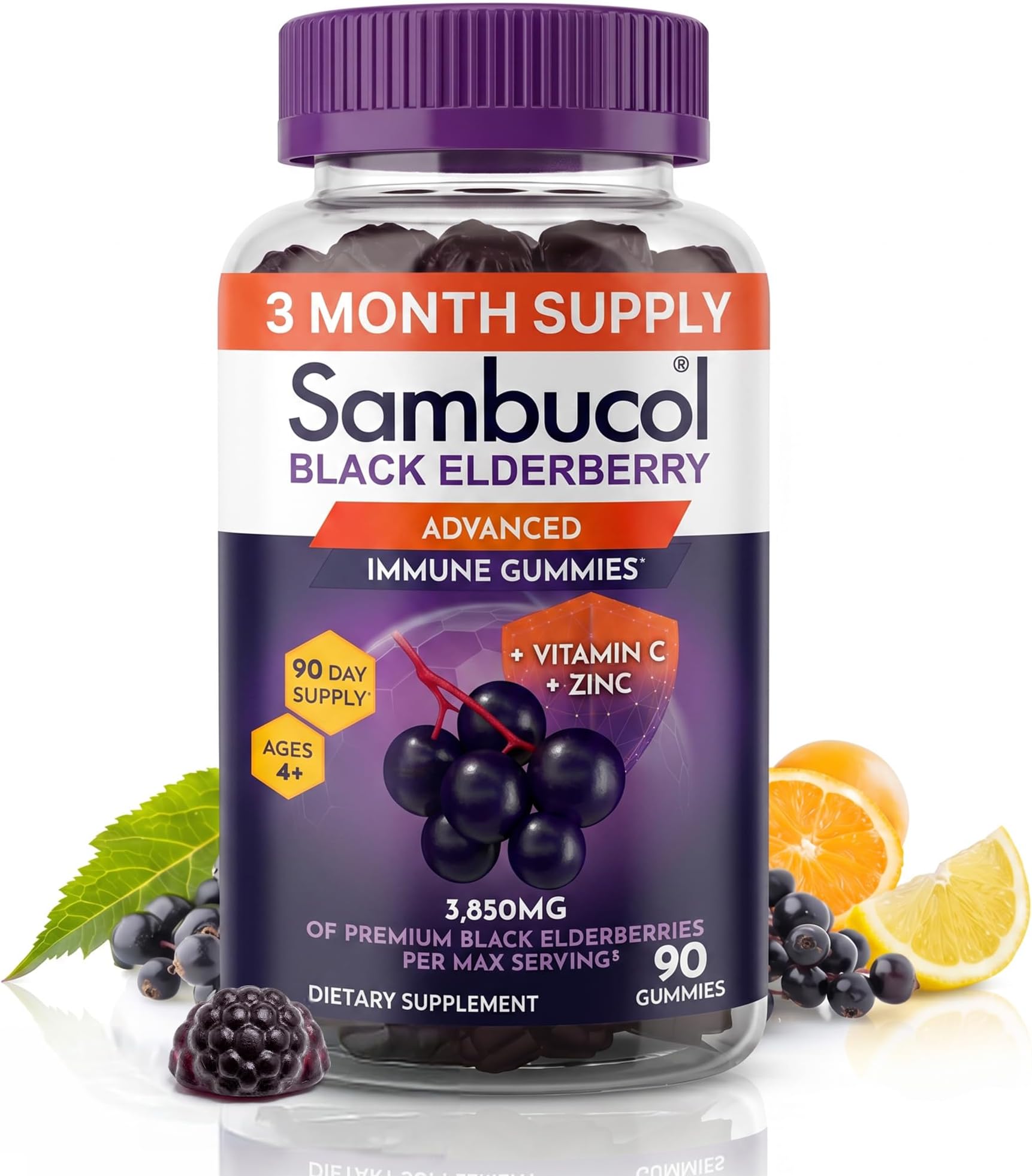 Elderberry Gummies - Immune Support Supplement for Adults & Kids with Vitamin C & Zinc, Sambucol Elderberry are High in Antioxidants, Gluten Free, Vegan - 90 Count