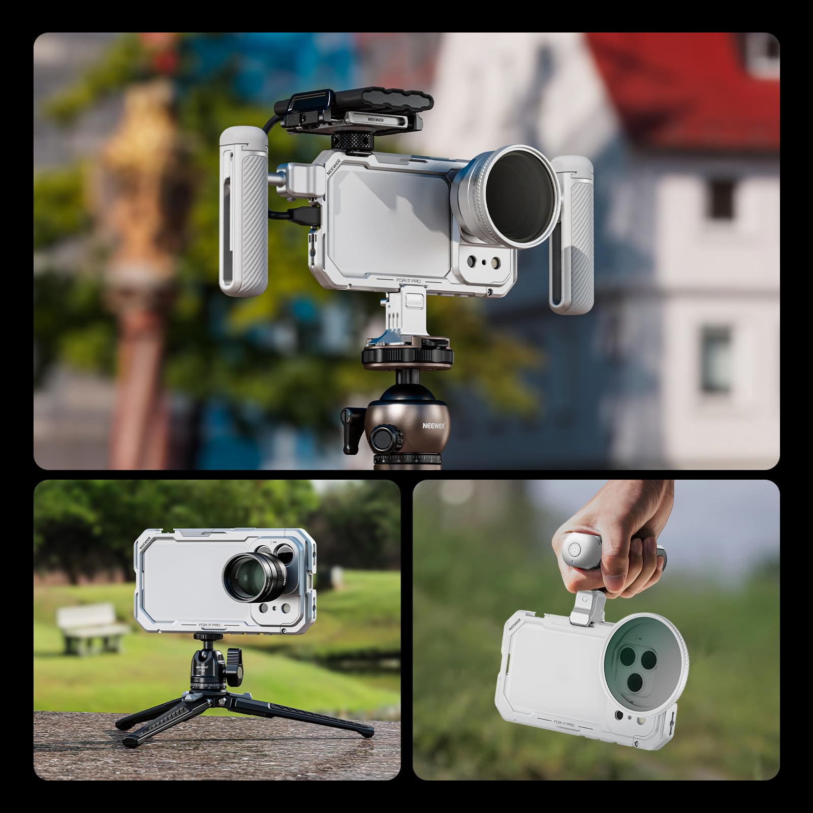 NEEWER Phone Käfig Cage Kompatibel mit iPhone 17 Pro, Schnellwechsel Video Rig Handy Stabilisator Zubehör mit 67mm Filterring, 17mm Objektivrückplatte, T Mount Adapter, PA143 (Silver)