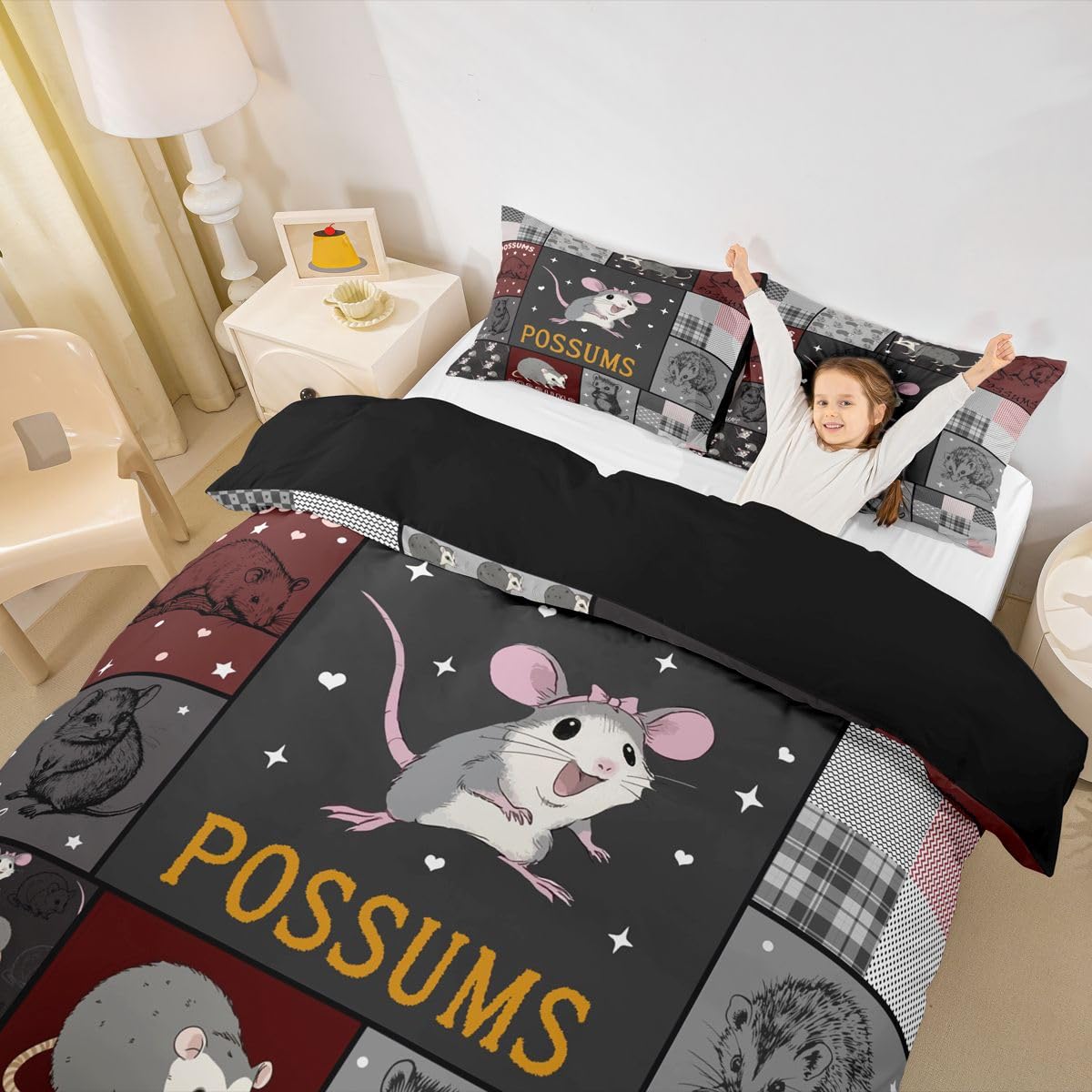 Homewish Cartoon Oposy zwierzę patchworkowa czerwona szara poszewka na kołdrę podwójna kawaii kratka zestaw pościeli geometryczny pasek poszewka na kołdrę naturalna przyroda zestawy łóżek