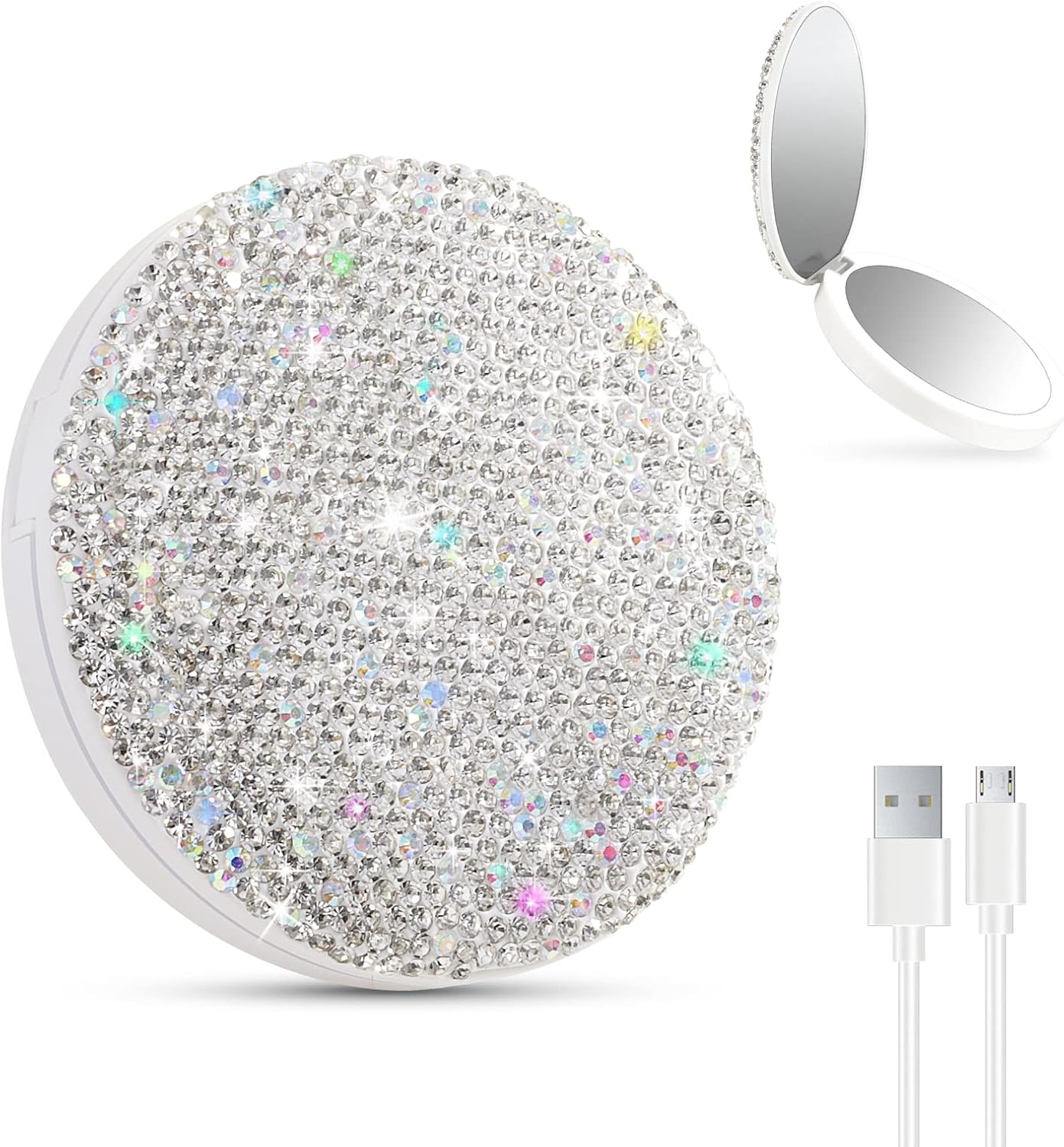QearFun Luxurious Rhinestone LED Lighted Compact Mirror, Bling Portable
