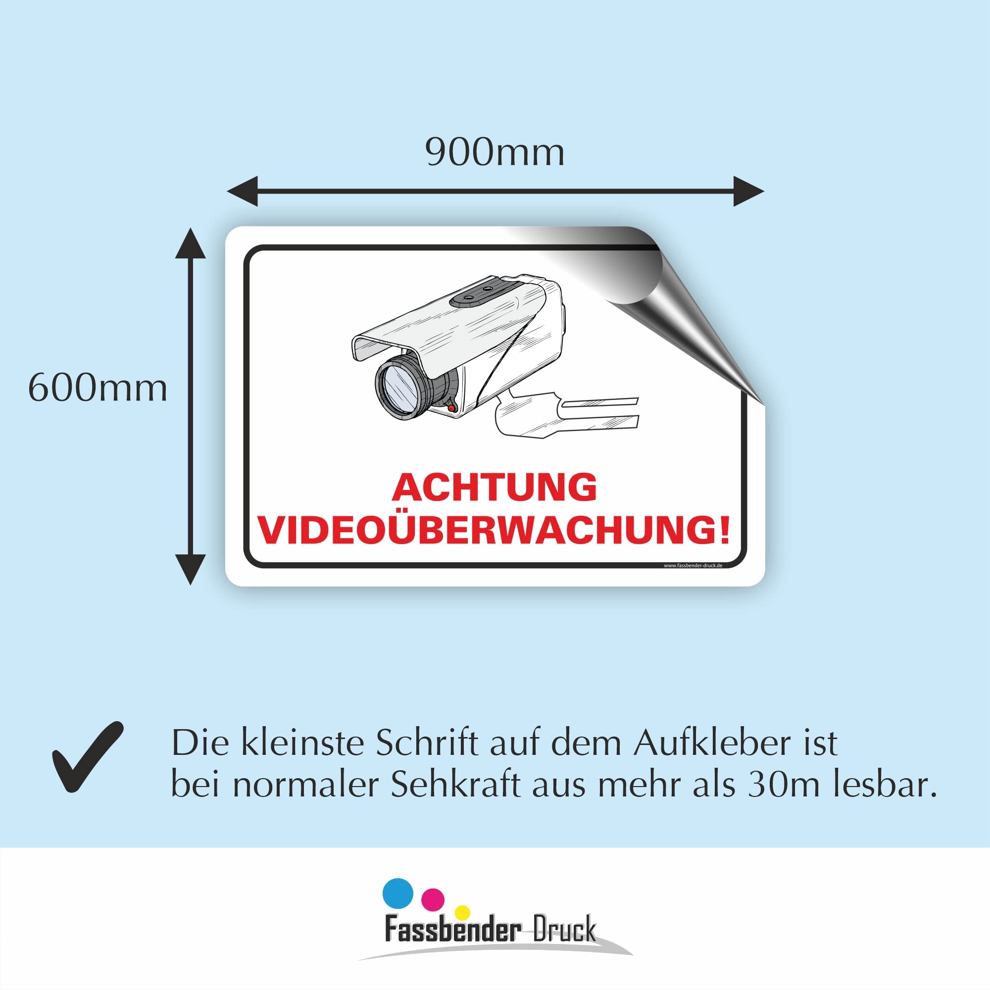 ACHTUNG VIDEOÜBERWACHT Schild zum Markieren eines videoüberwachten Bereiches - Aluverbundplatte für ein Videoüberwachungsschild - (90x60cm AUFKL.)