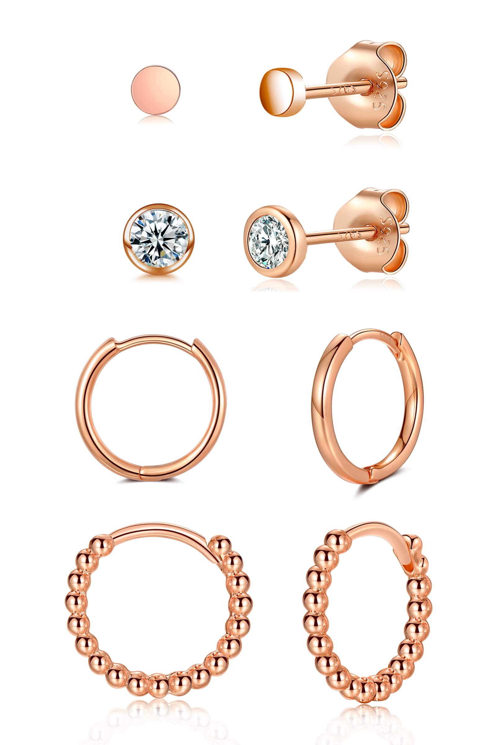 WOVEE Ohrringe Set Silber/Gold/Rosegold/Schwarz Rund Ohrstecker Zirkonia & Creolen 925 Vergoldet Damen Herren Mädchen 3mm 4mm 10mm 12mm