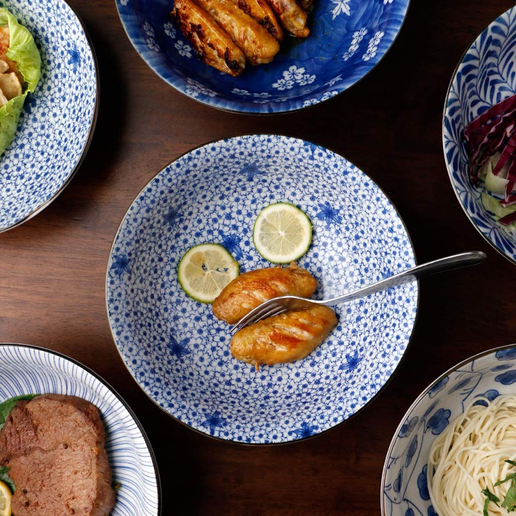 Bol à mélanger en céramique au design vintage Bol à salade de fruits en porcelaine bleue et blanche Bol à ramen de style japonais Bol à soupe de grand calibre Bol à spaghetti Bols de service de 8 pou