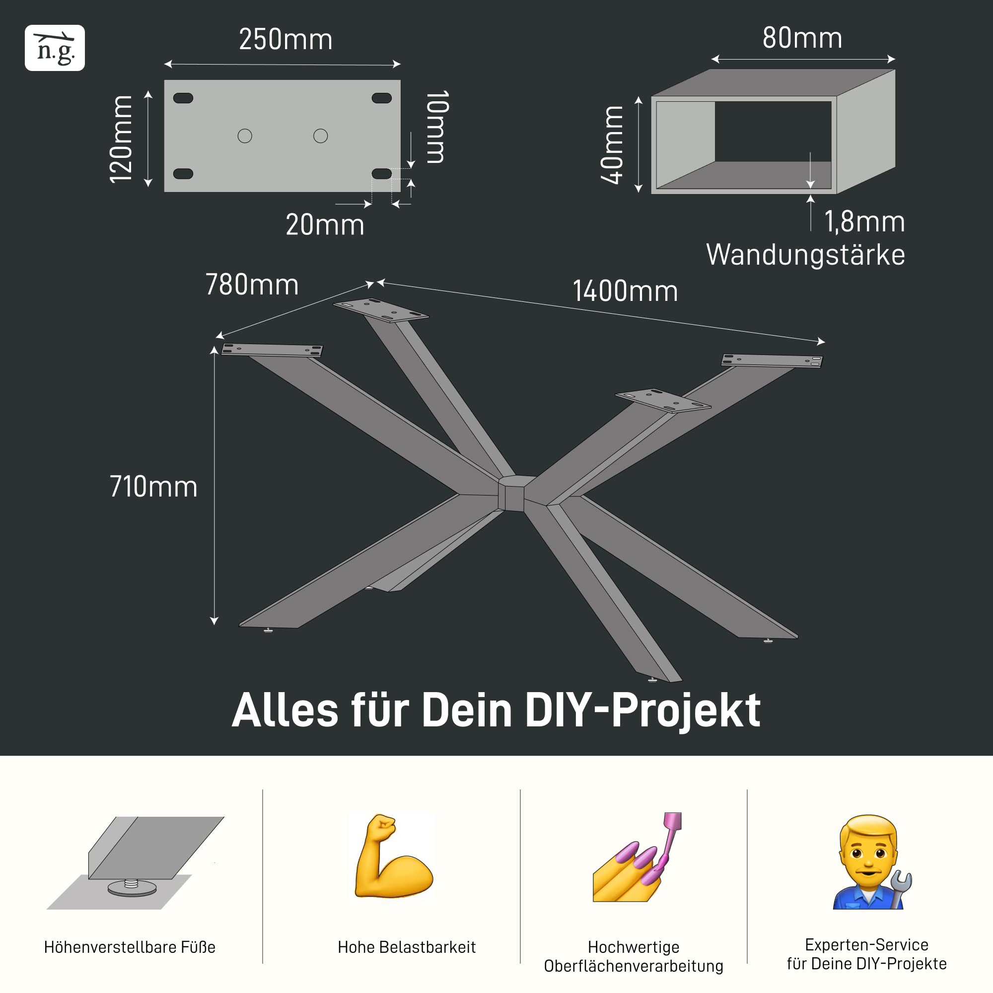 Natural Goods Berlin 1x Tischgestell Kreuz Design Schwerlast Kreuzgestell Massive Stahl Tischkufen Metall Tischbeine Schreibtisch Esstisch Konferenztisch DIY (H71 x B78 x L140 cm (Esstisch), Schwarz)