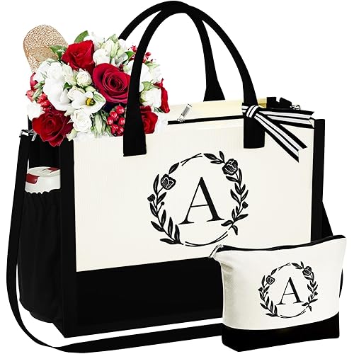 Gifts for Women - Initial Canvas Beach Tote Bag & Makeup Bag 2024 Graduation Gifts Best Friend Birthday Gifts for Her