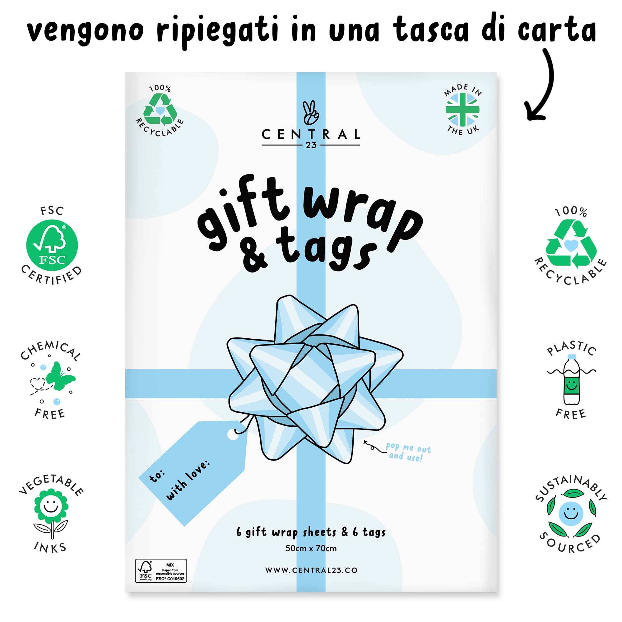 Carta Da Regalo Con Gatti - 6 Fogli 70x50 Cm, Carta Sostenibile FSC, Riciclabile, Con 6 Targhe Regalo
