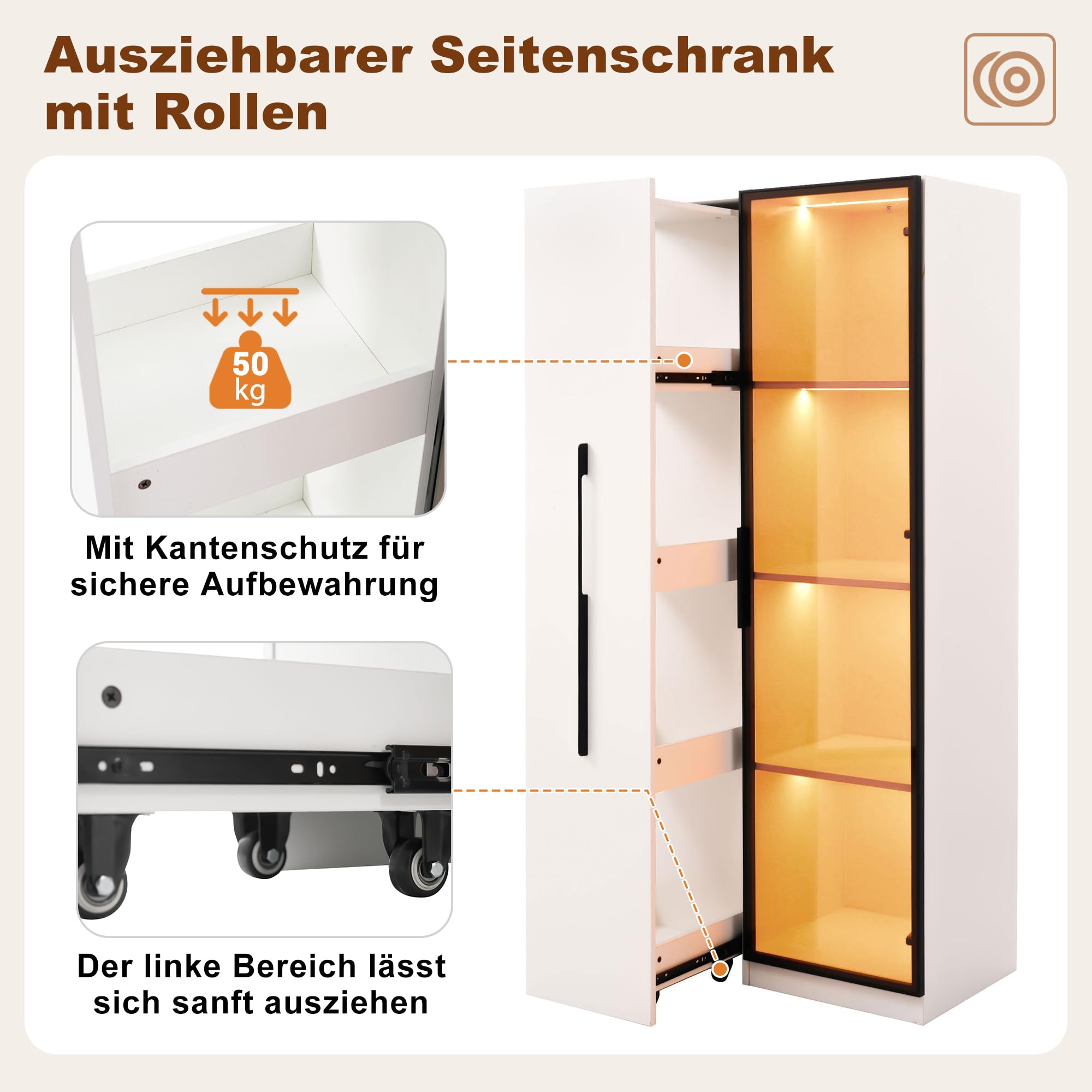 REXO Armadio multifunzione alto 160 cm, libreria e vetrina con ante in vetro temperato, telaio porta in alluminio, 1 anta, 1 cassetto laterale, con ruote, vetrina, tavolo da pranzo, bianco