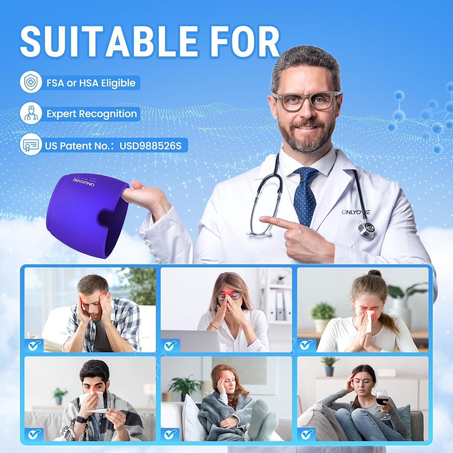 ONLYCARE Migraine Relief Cap,Soothing Migraine Mask,Upgraded Odorless Gel Ice Head Wrap, Hot and Cold Therapy, FSA or HSA Eligible Headache Ice Pack for Tension and Stress(Black & Purple)