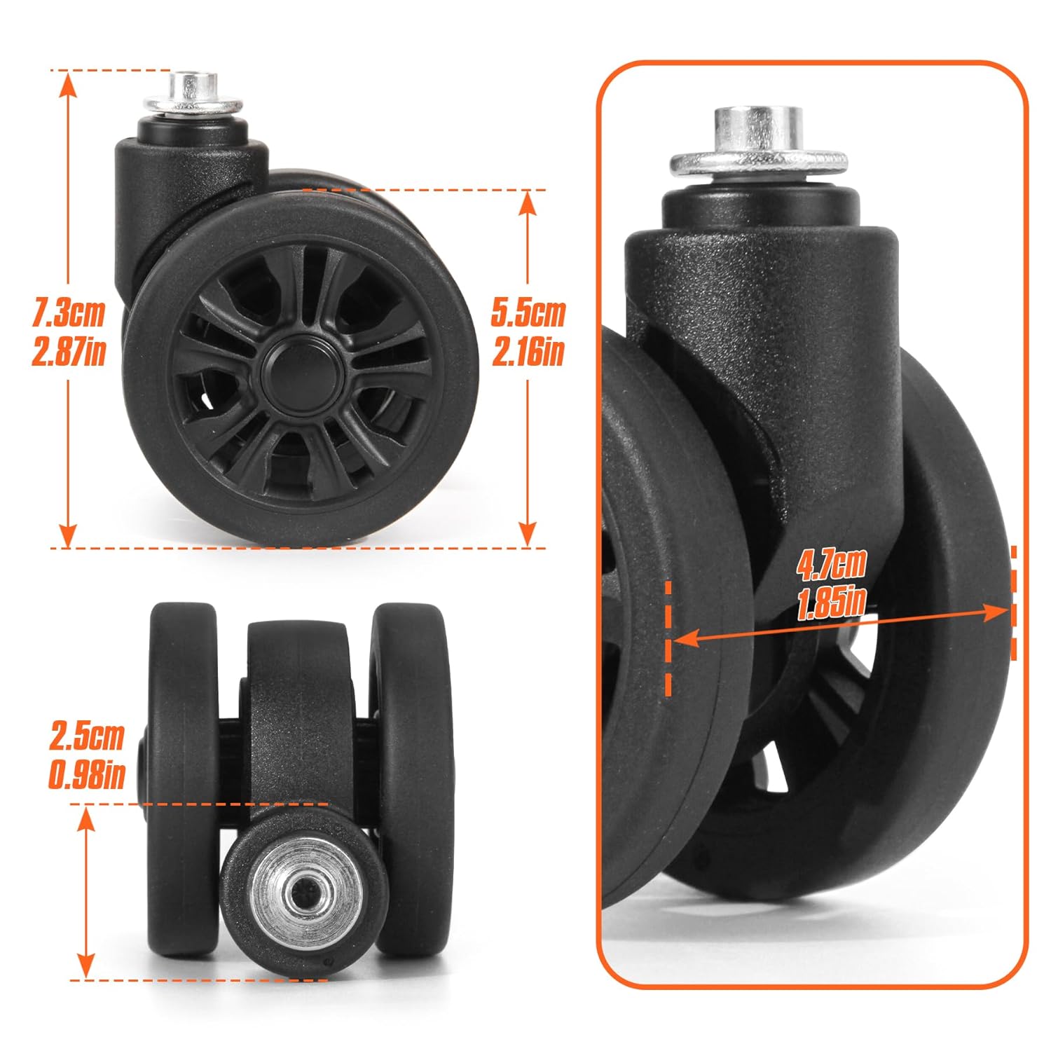 Domiella 2 Pack Luggage Replacement Wheels, Universal Suitcase Swivel Caster Wheels, Rubber Suitcase Trolley Repair Kit, OD 55 mm