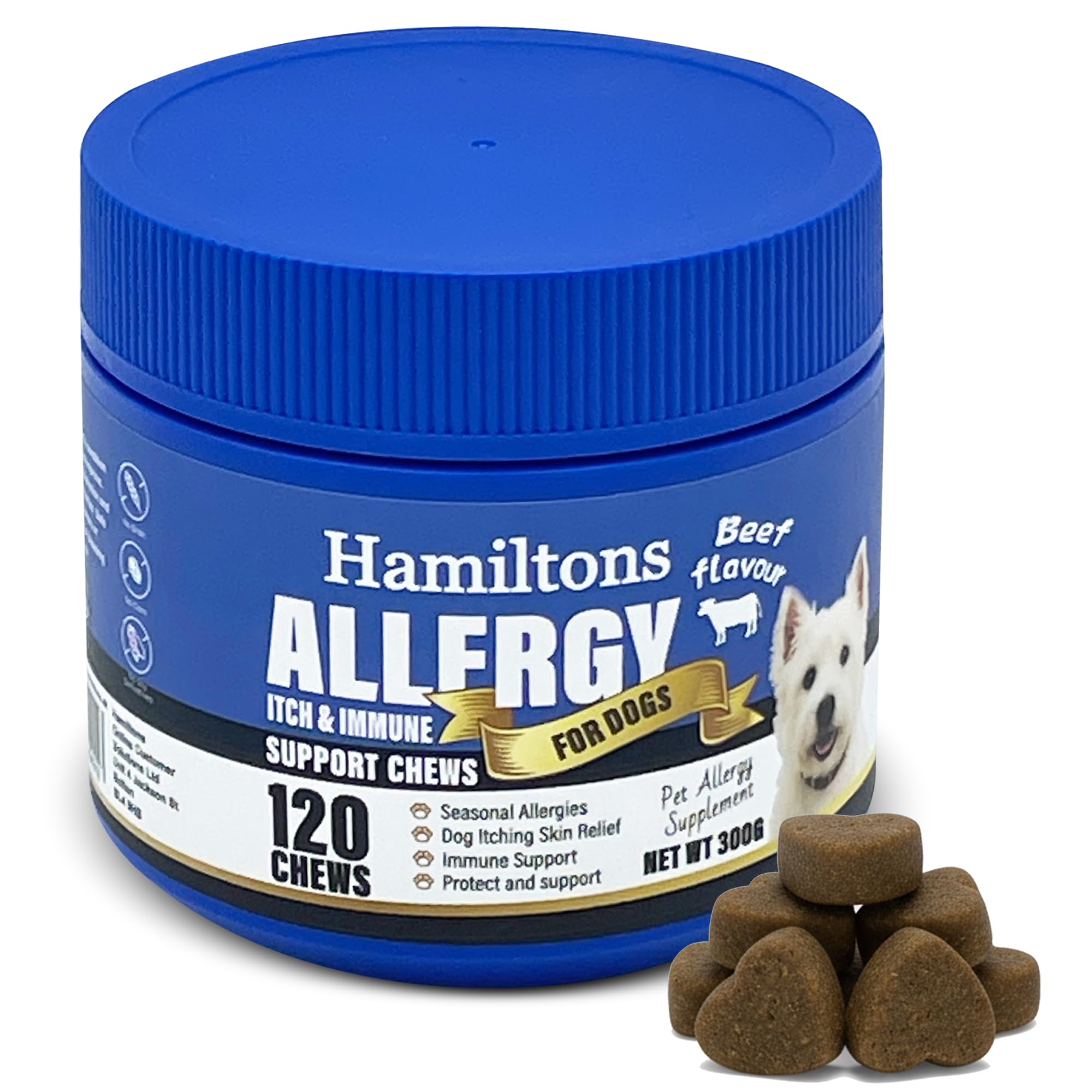 Hamiltons Dog Allergy & Itch Relief Chews – 120 Probiotic Supplement for Itchy Skin, Scratching & Paw Licking – 5 Billion CFU Immune Support Soft Chews with Colostrum & Turmeric – Beef Flavour