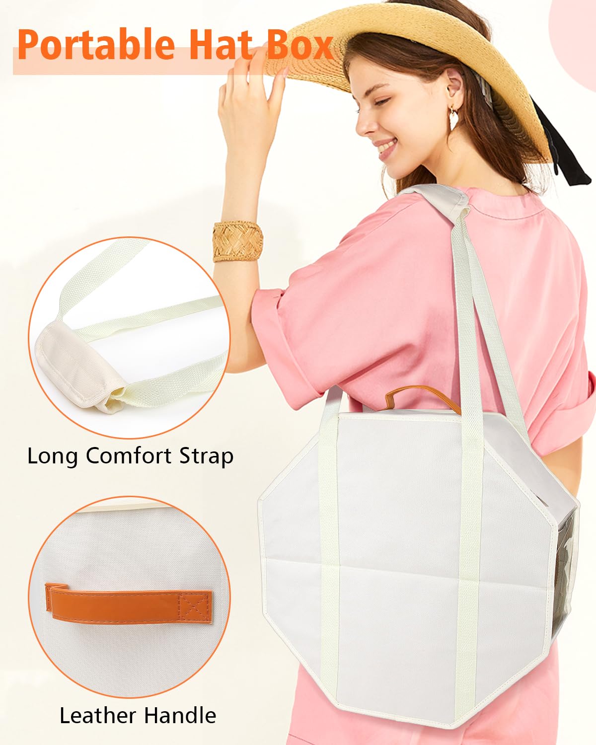 VanlonPro Hat Box for Women/Men Storage, 2 PCS Hat Storage Box for Travel, Stackable Round Brim Hats Organizer Bag Container for Closet with Handles, Collapsible Cowboy Hat Organizer, White