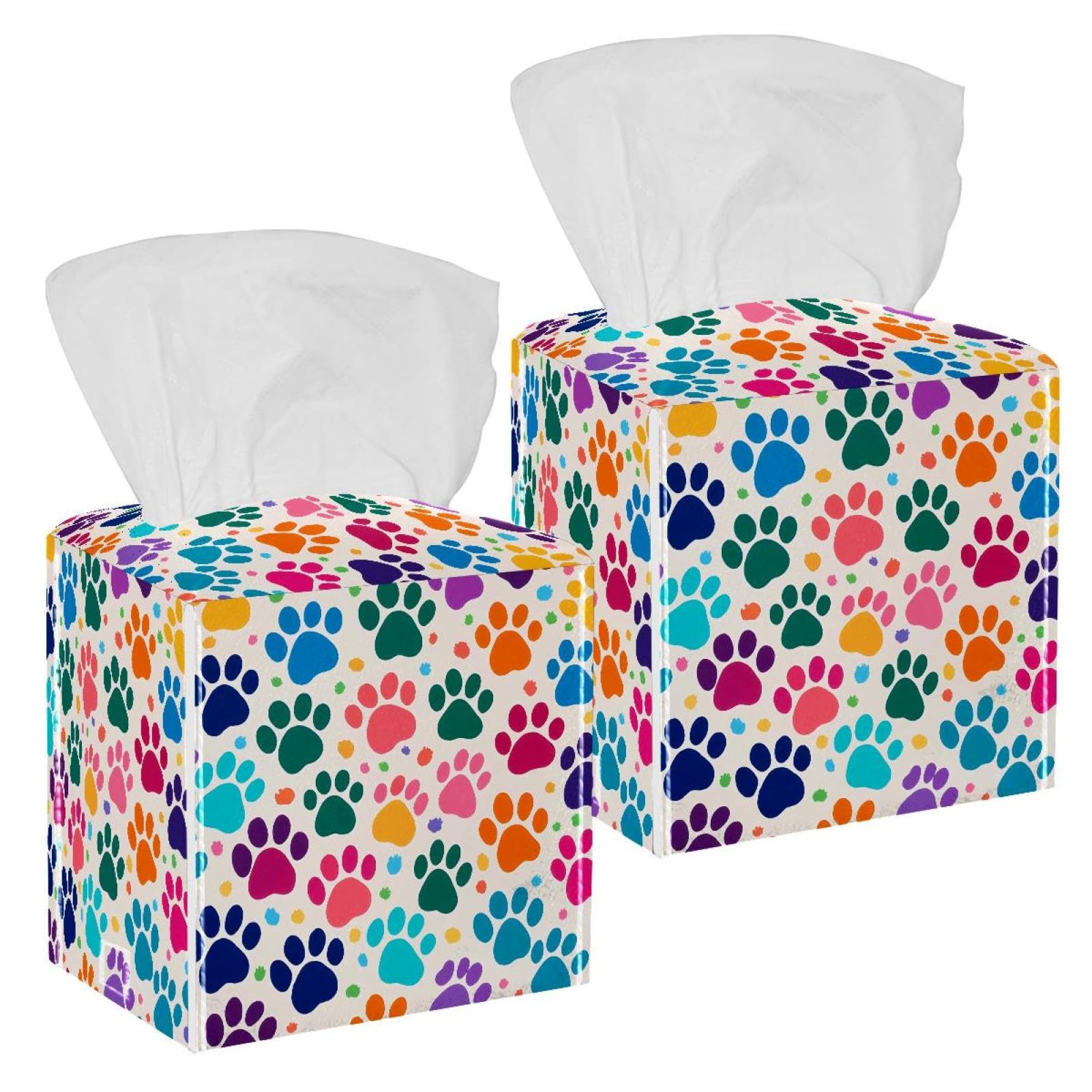 Dog Paw Tissue Box Cover, 2 Pack PU Leather Square Facial Tissue Dispenser Box holder for Home Office Car