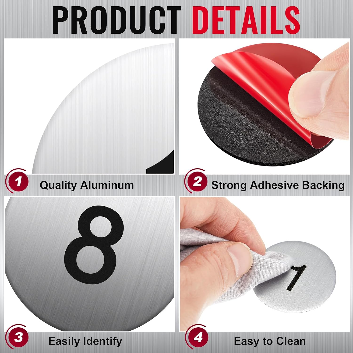 Yaocom 100 Pcs Aluminum Numbered Tags Metal Round Locker Number Tag 1-1/2 Inch Small Sticker Door Sign House Number Plates with Self-Adhesive Tape for Door House Office, 1-100