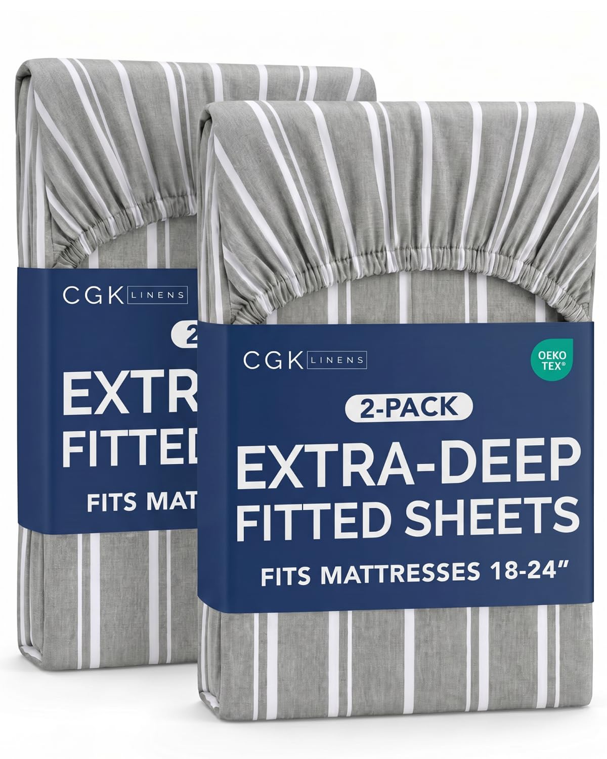 CGK Linens 2 Pack Extra Deep Twin Fitted Sheets - Grey Stripes