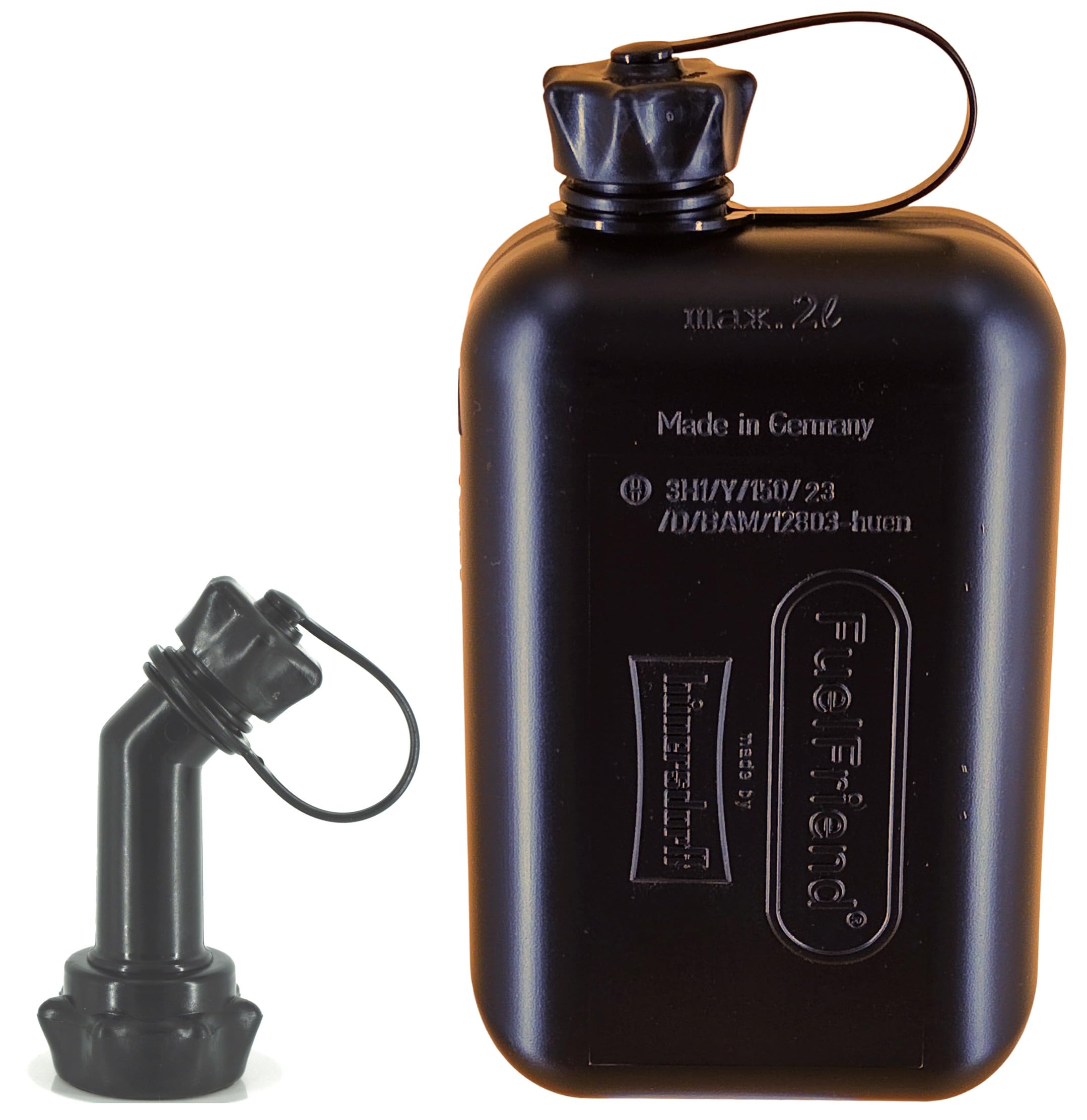 FuelFriend®-BIG PURE BLACK max. 2.0 liters + Outlet Pipe lockable - jerrycan with UN approval - perfect for motorcycles, cars and more