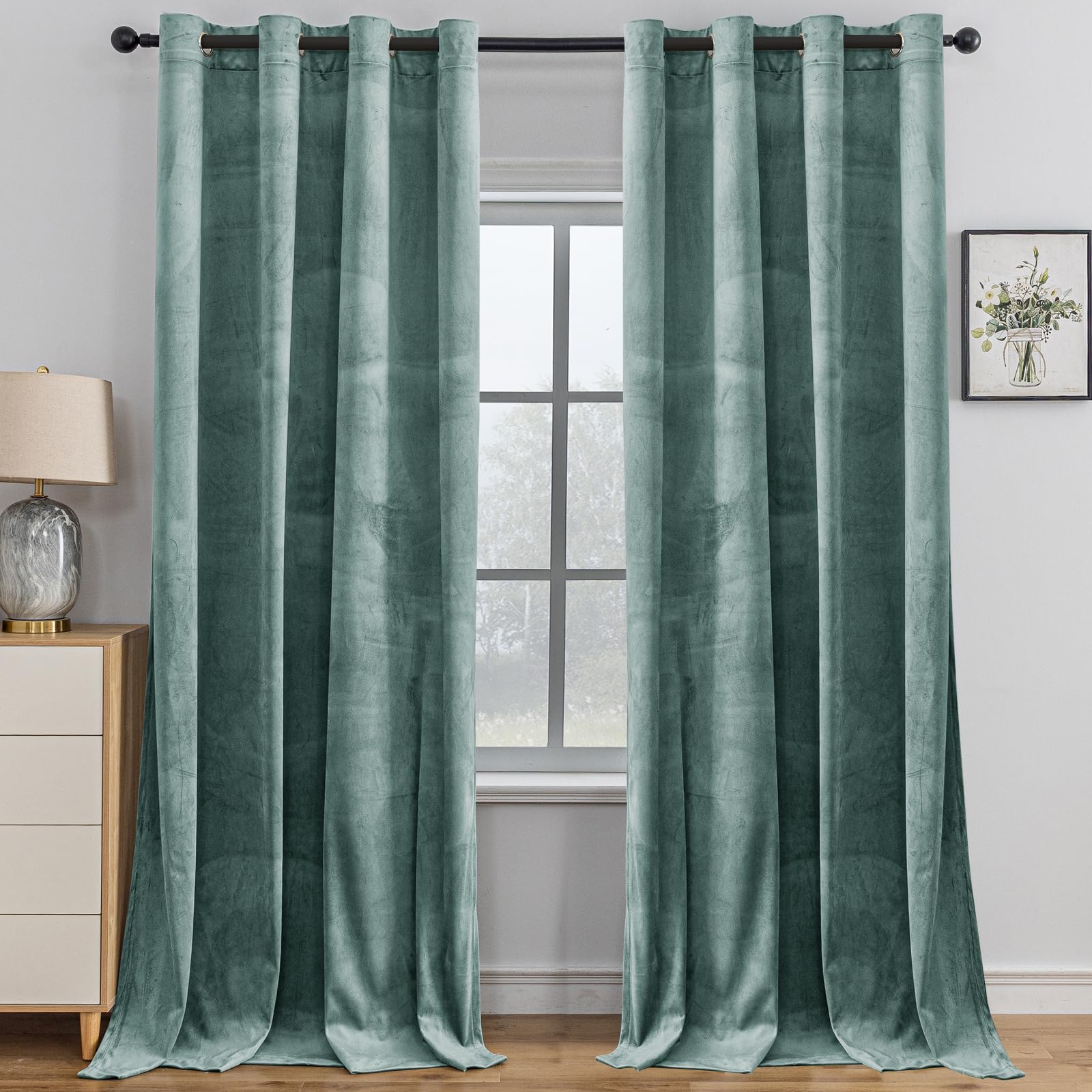 YSTELLAA Cortinas Terciopelo Opacas 2 Piezas, 140×300CM, Cortinas Termicas Aislantes Frio Y Calor, con Ojales, Insonorizantes, Modernas, para Salon Dormitorio, Verde