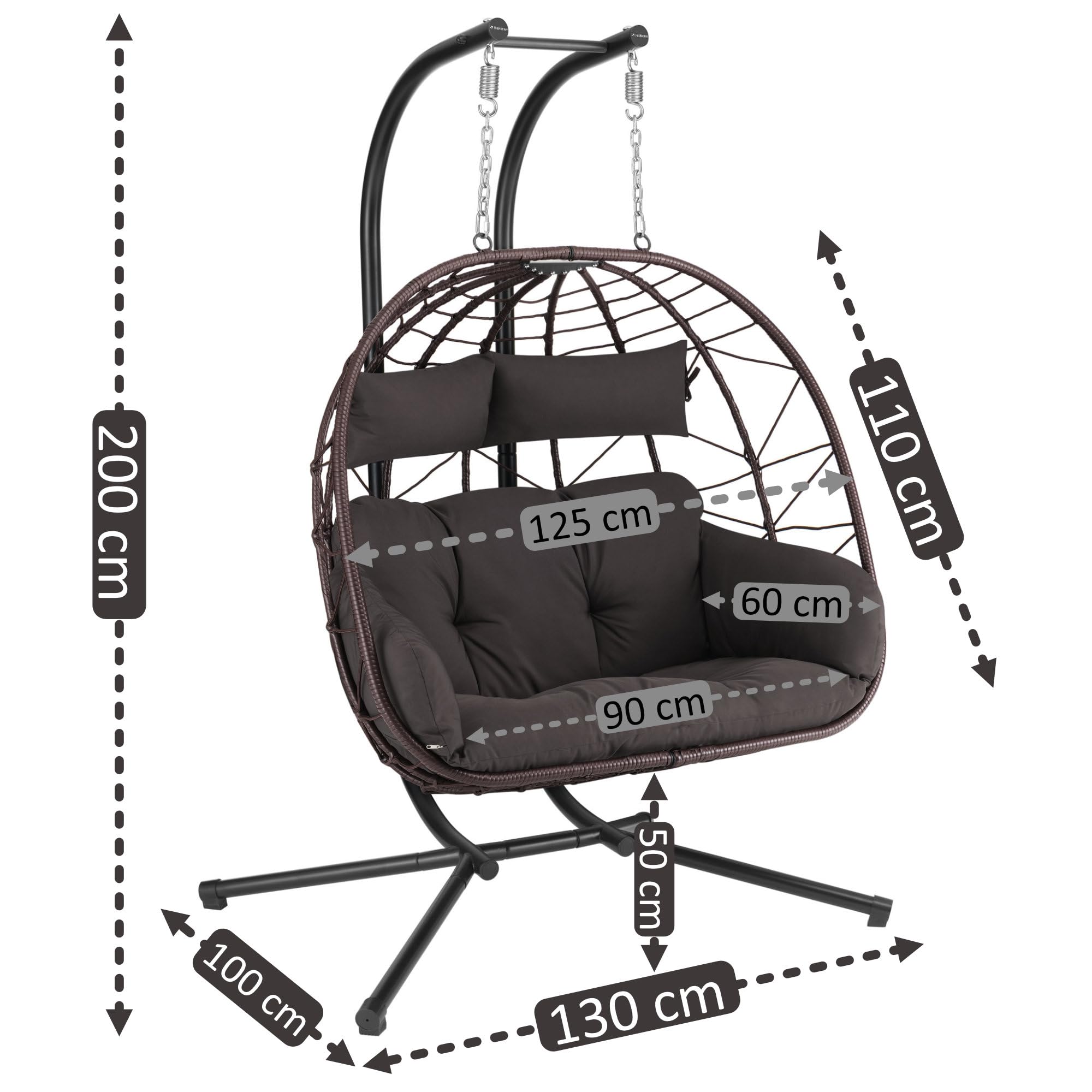 Fauteil hamac pour 2 Personnes avec châssis | Marron | Balançoire Suspendue XXL pour l’intérieur,l’Exterieur, terrasse | Fauteuil 2 Places en Osier, Fauteuil Suspendu en Oeuf