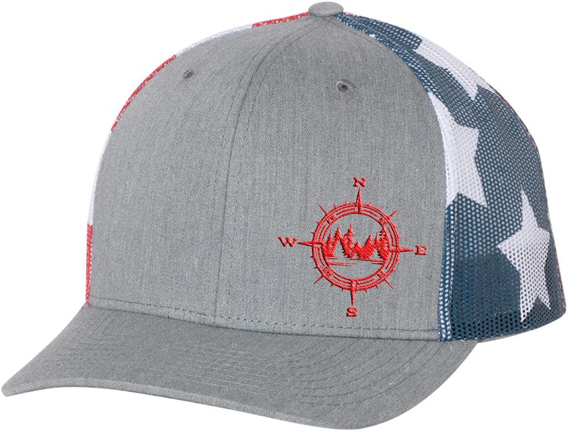 Trenz Shirt Company Men's Outdoors Compass Scenic Forest Woodland Embroidered Mesh Back Trucker Hat, Heather Grey/American Flag Mesh