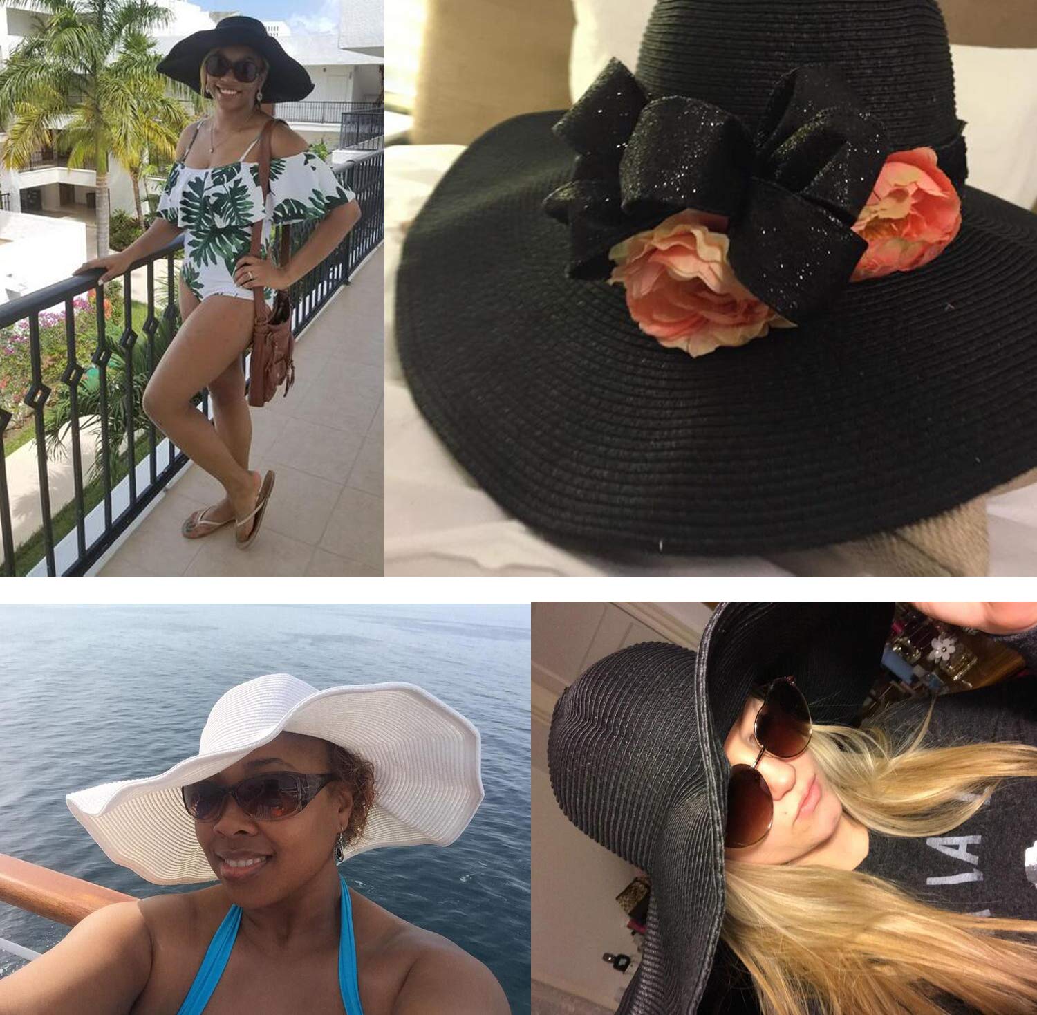 Women Girls Large Brimmed Garden Beach Big Summer Sun Hat Swimming Garden Beach Straw Hat for Holiday Traveling Black